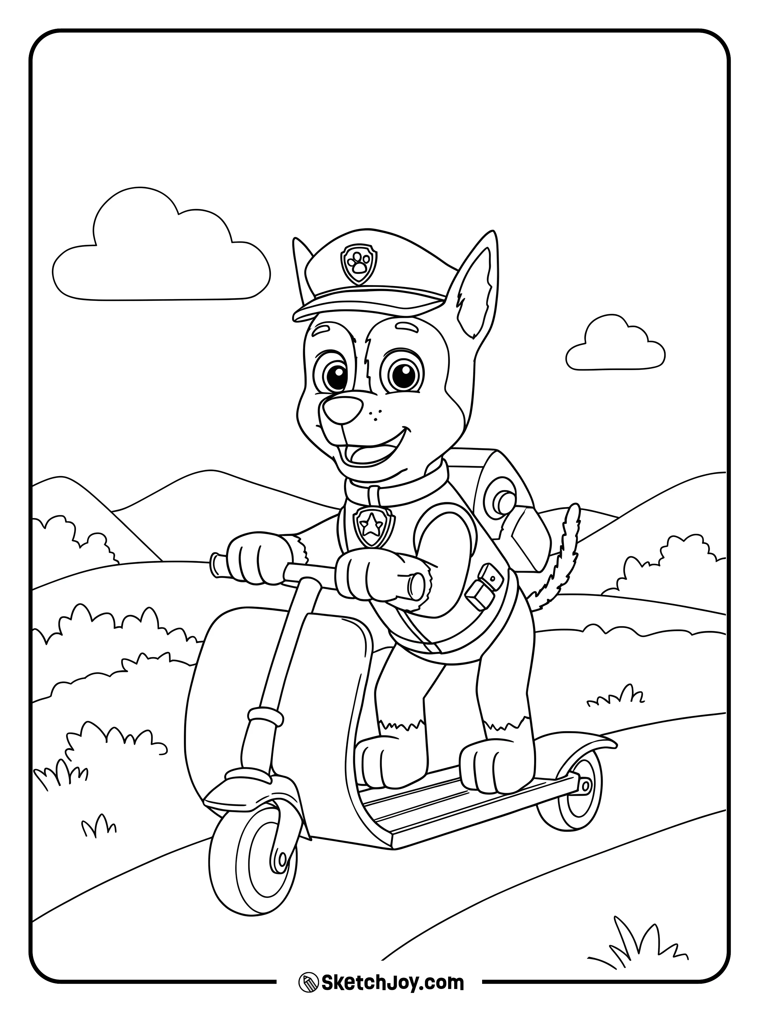 Chase is zooming around on his scooter, having fun on a sunny day.