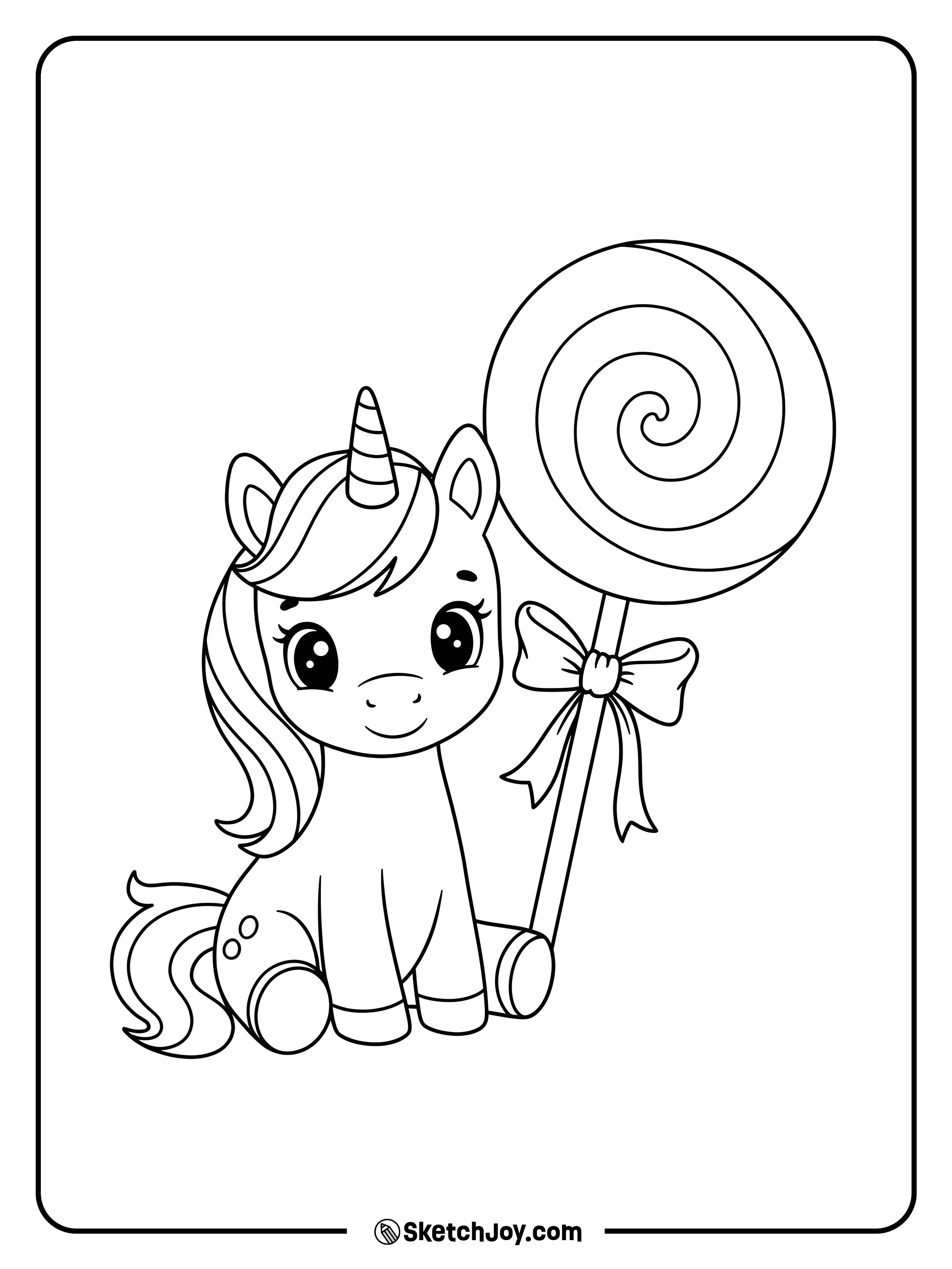 A sweet unicorn sitting next to a swirly lollipop almost as big as it is.