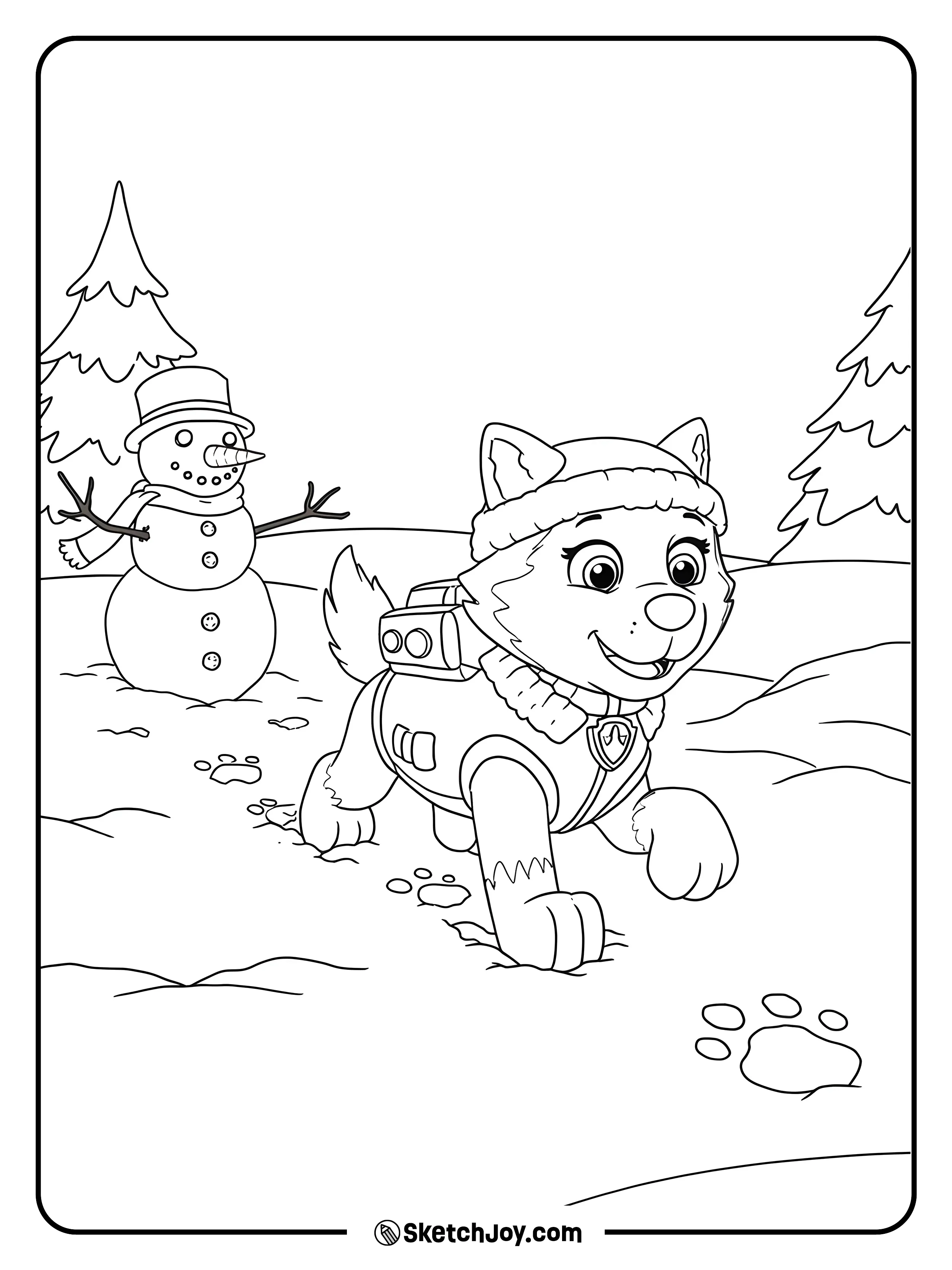 Everest is having fun in the snow, making paw prints and wagging her tail.