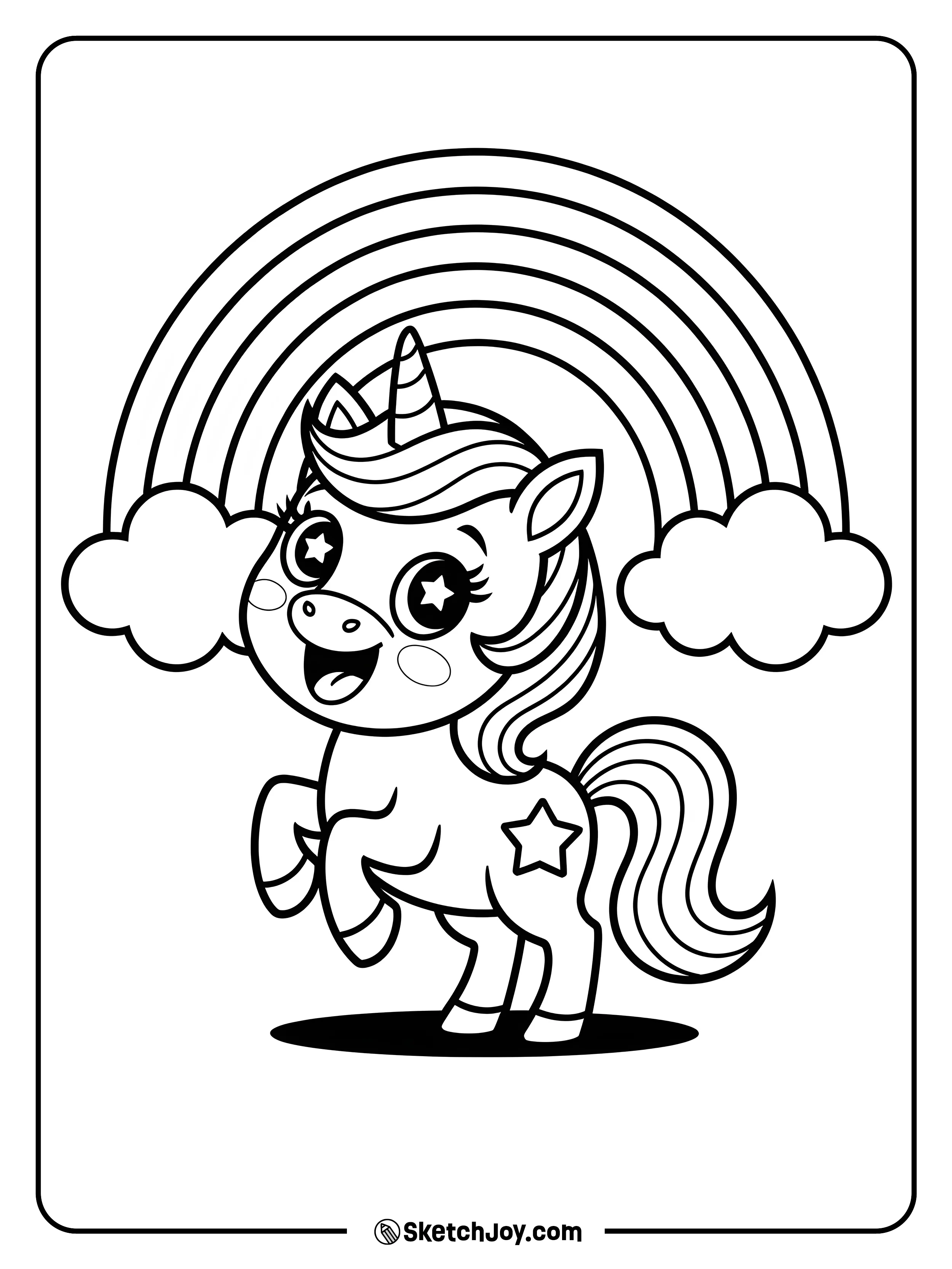 A joyful with star-shaped eyes jumps with excitement under a bright rainbow.