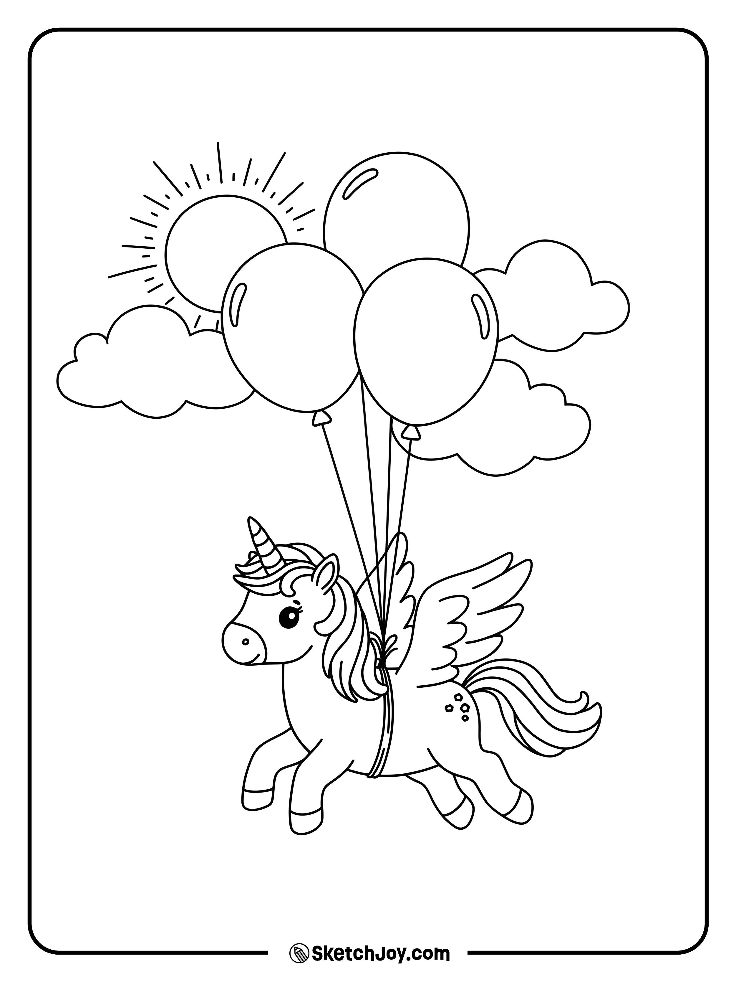A flying unicorn being lifted by balloons with a cloud and a sun in the background.