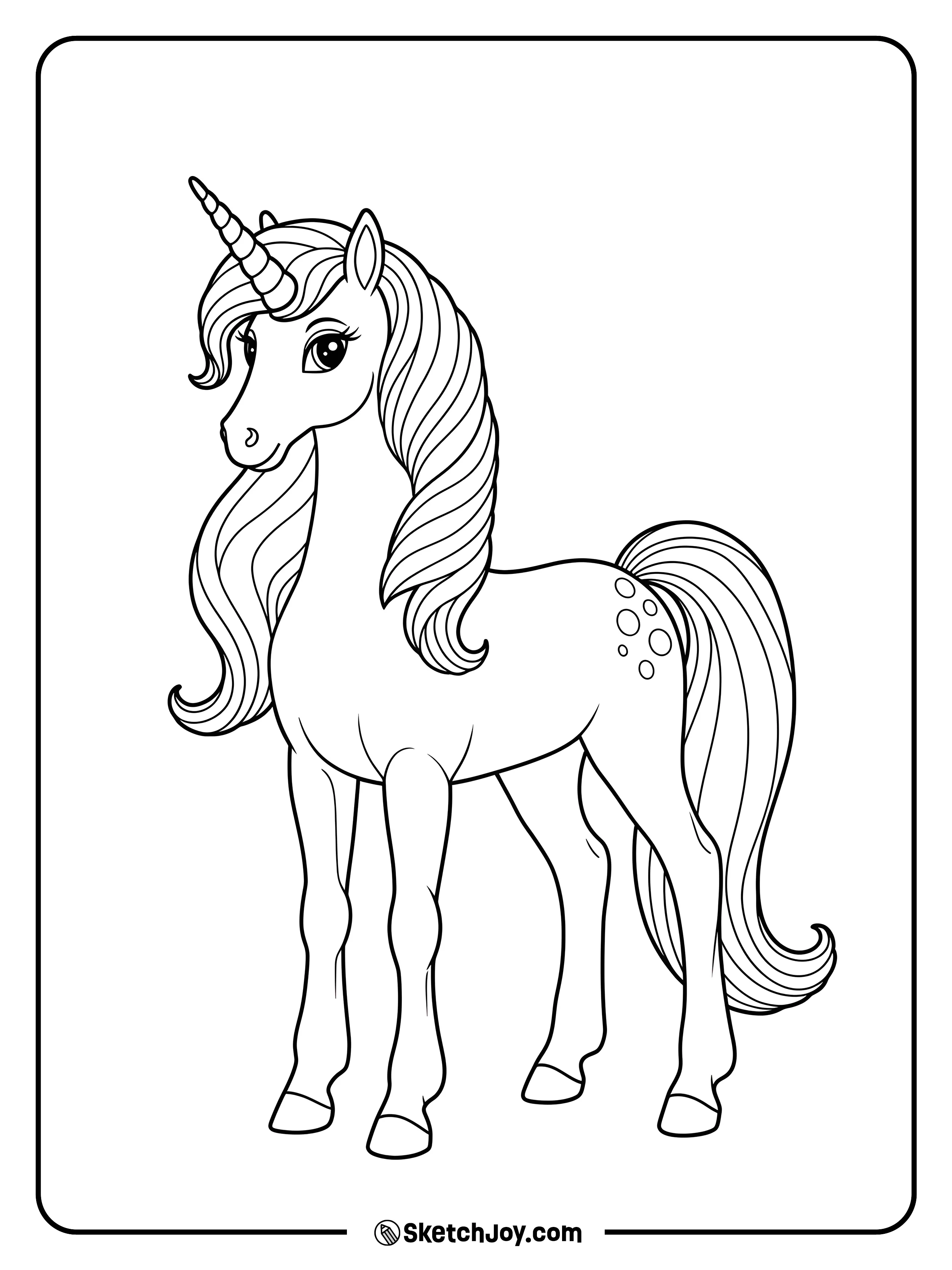 A beautifully styled unicorn standing proudly with a long, wavy mane and tail.