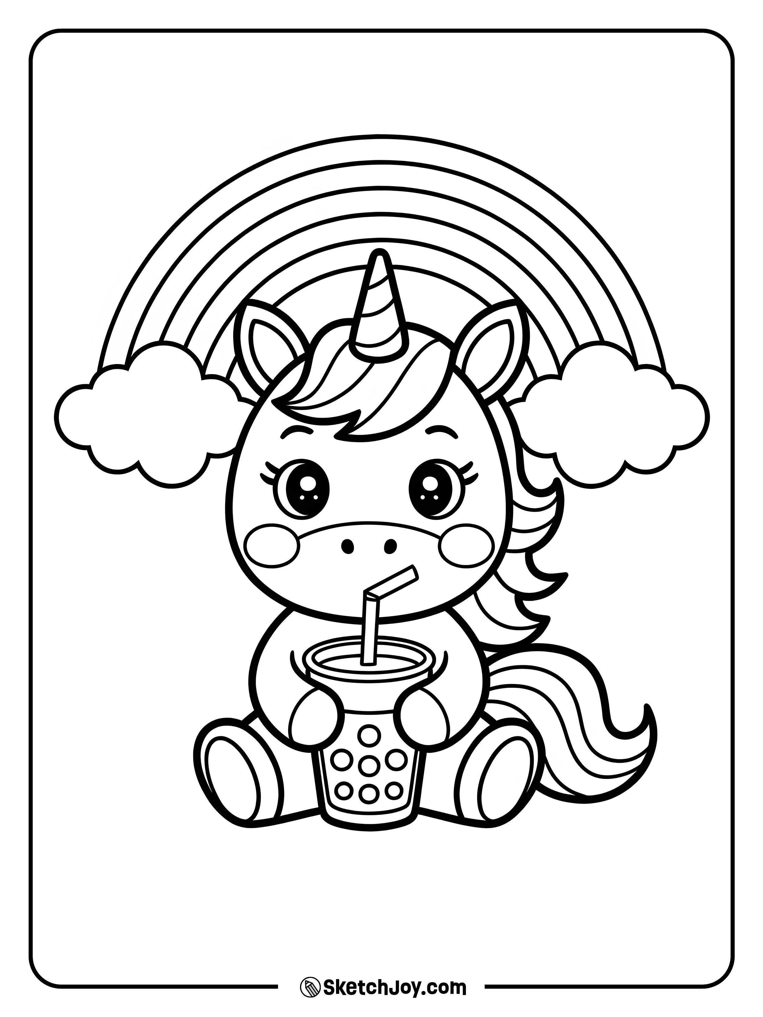 A cute unicorn sitting joyfully under a rainbow, sipping bubble tea.