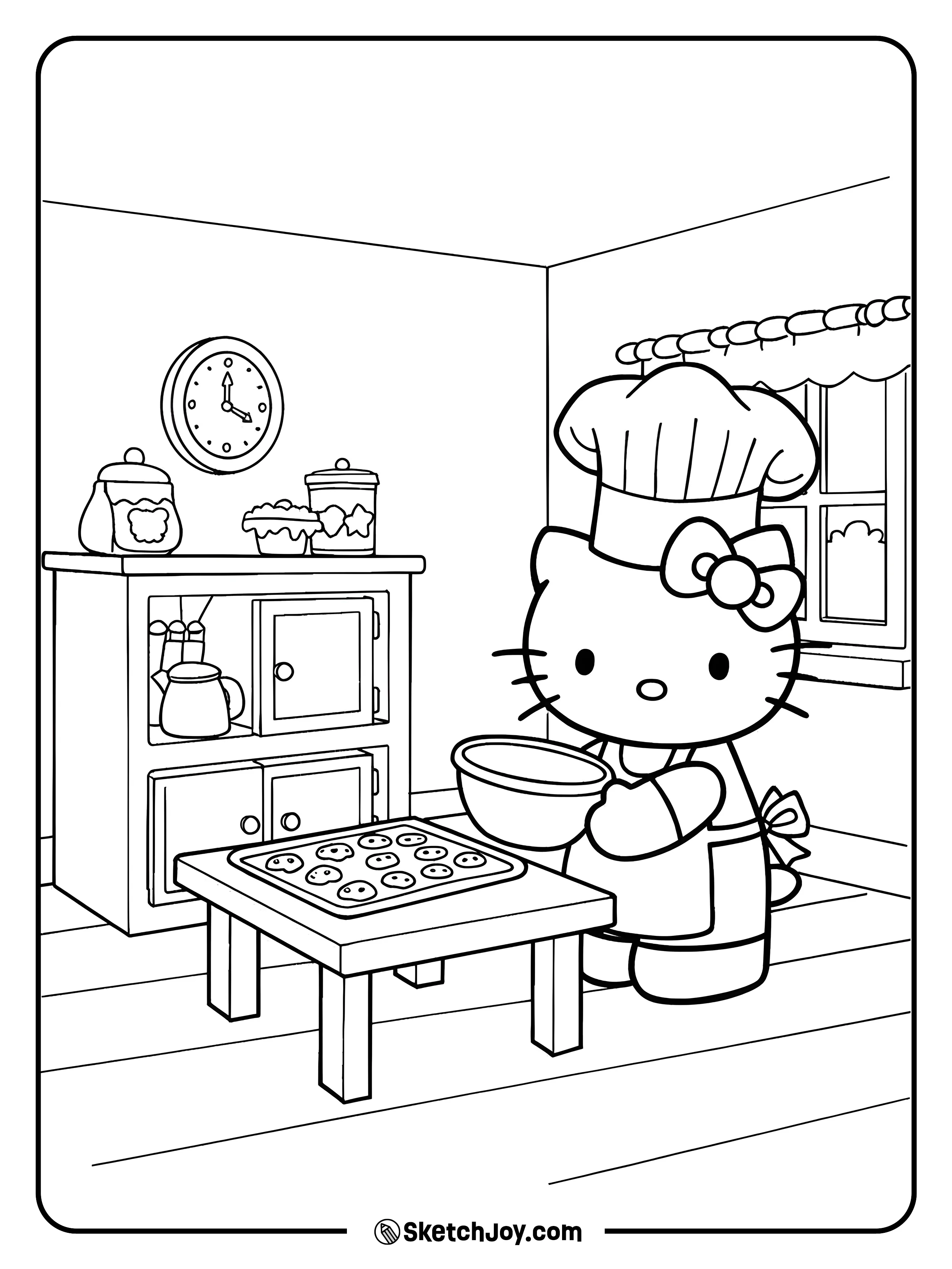 Hello Kitty is happily baking cookies in her kitchen, wearing her apron and chef’s hat.