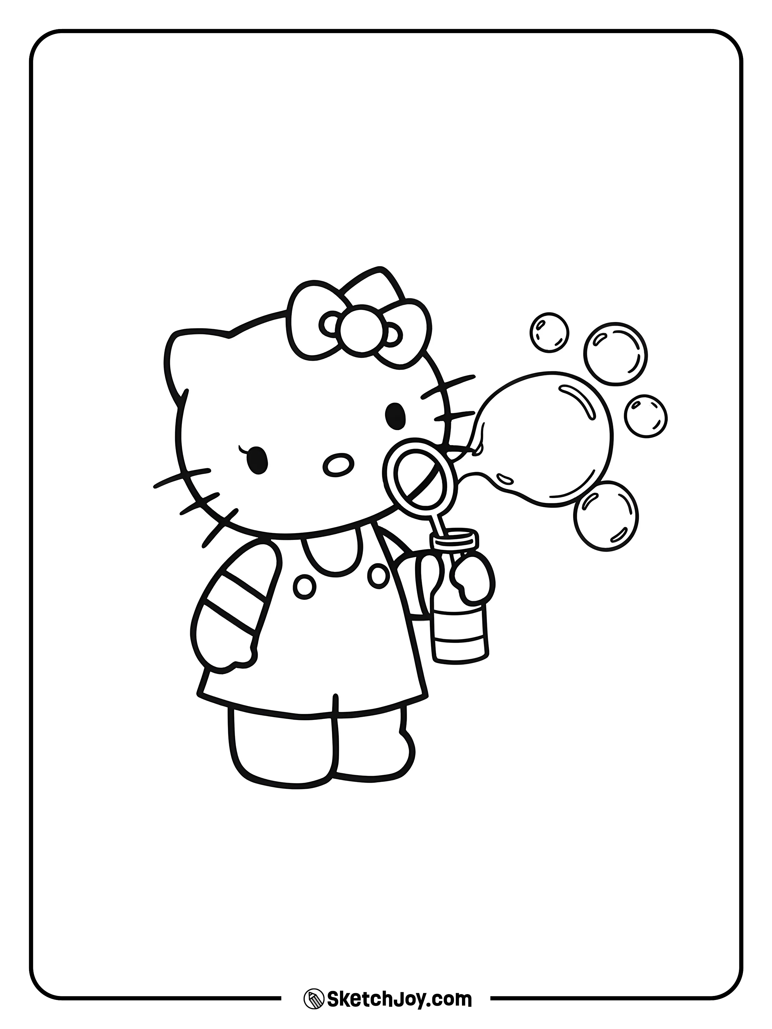 Hello Kitty is blowing bubbles for fun.