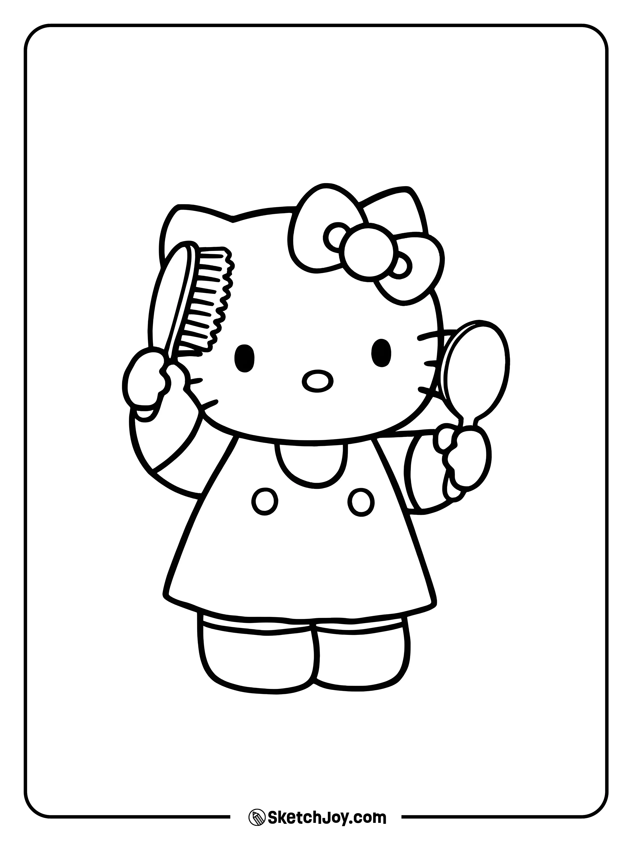 Hello Kitty is brushing her hair neatly with a brush.
