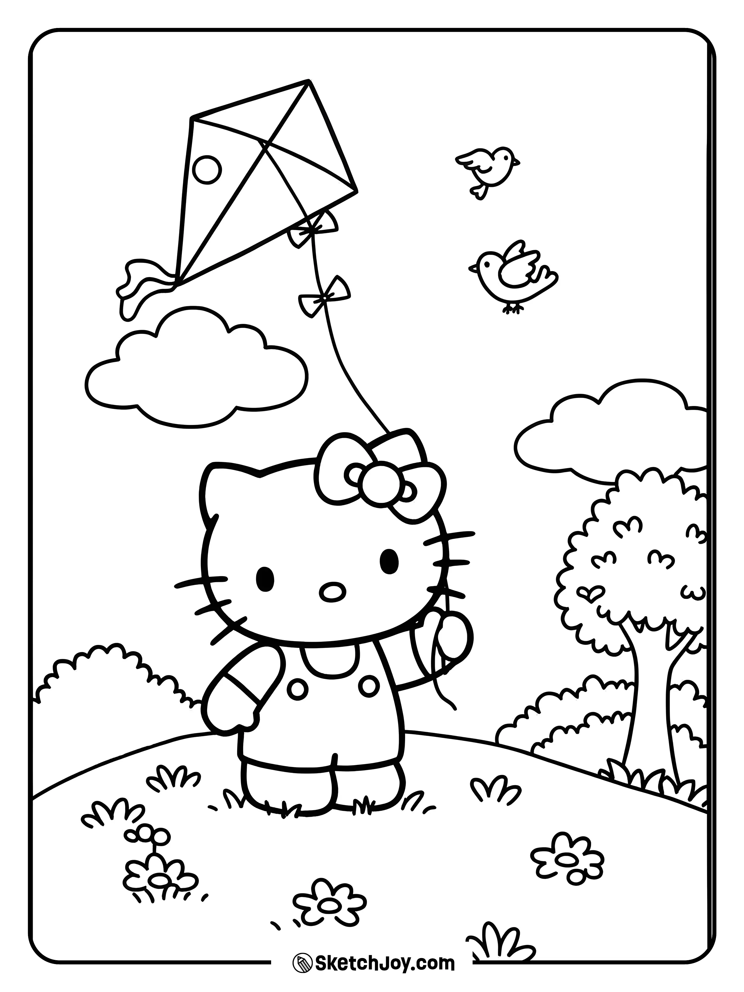 Hello Kitty is outdoors flying her kite on a breezy day.