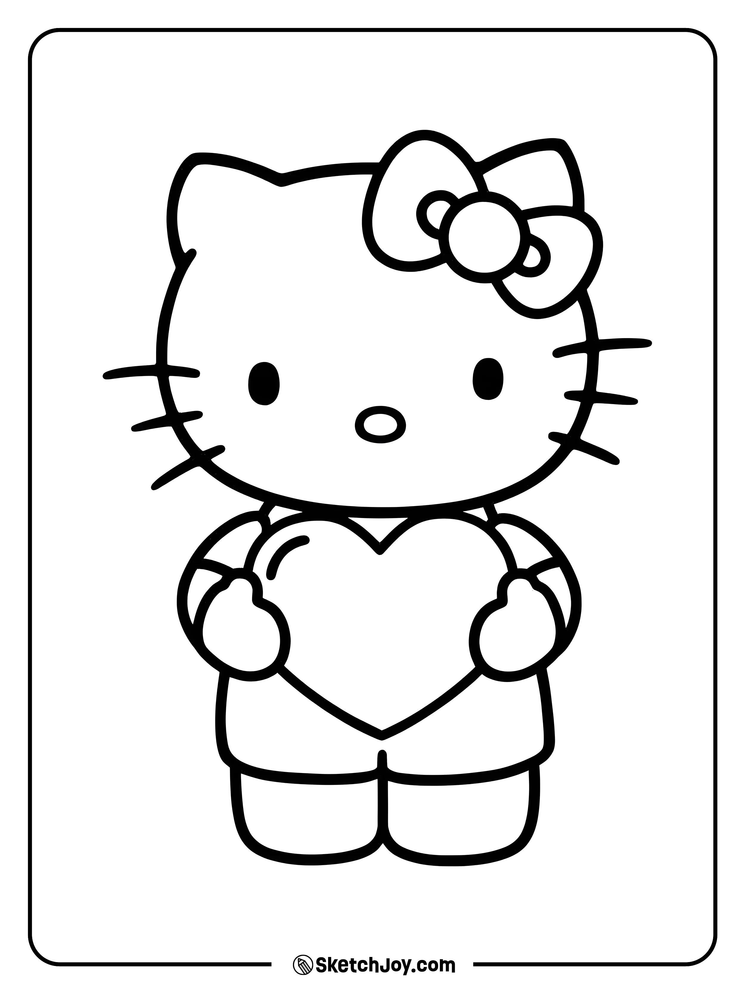 Hello Kitty is holding a big heart as a sign of love and kindness.