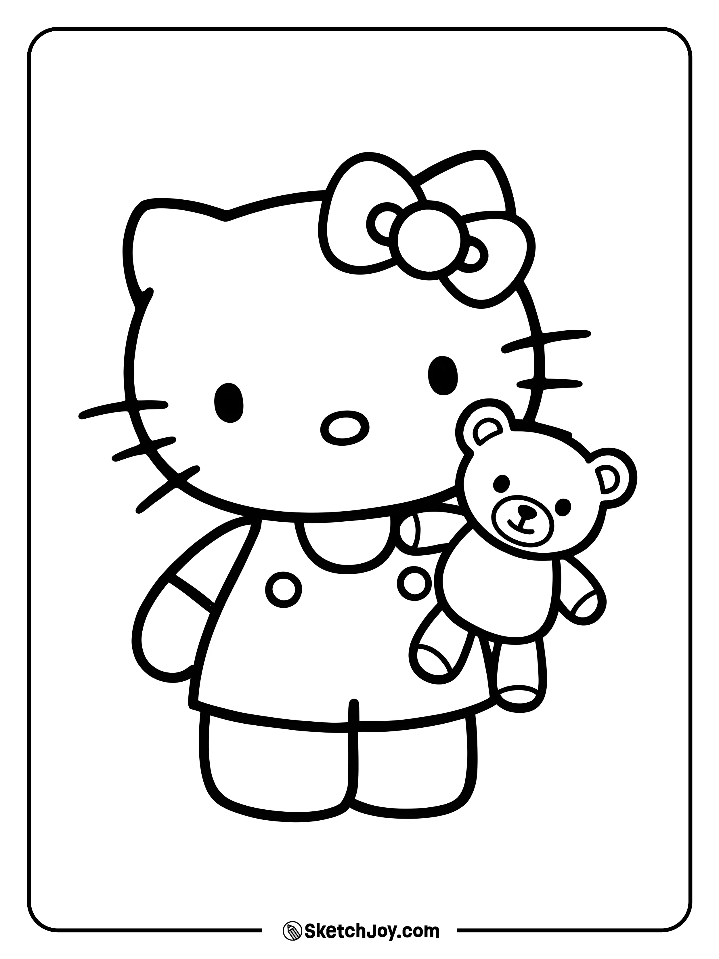Hello Kitty is cuddling her favorite teddy bear with a sweet smile.