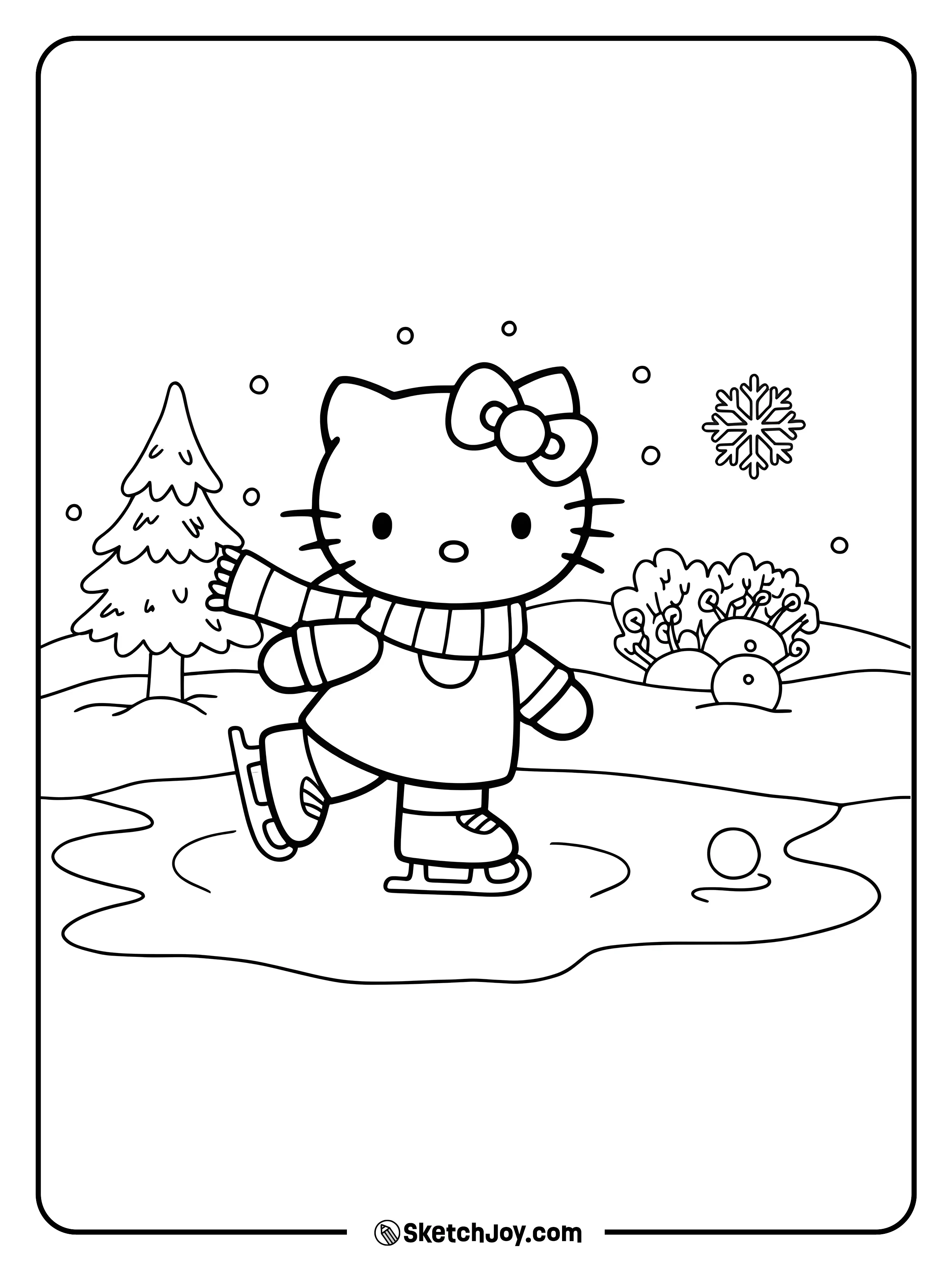 Hello Kitty is gracefully ice skating on a winter day.