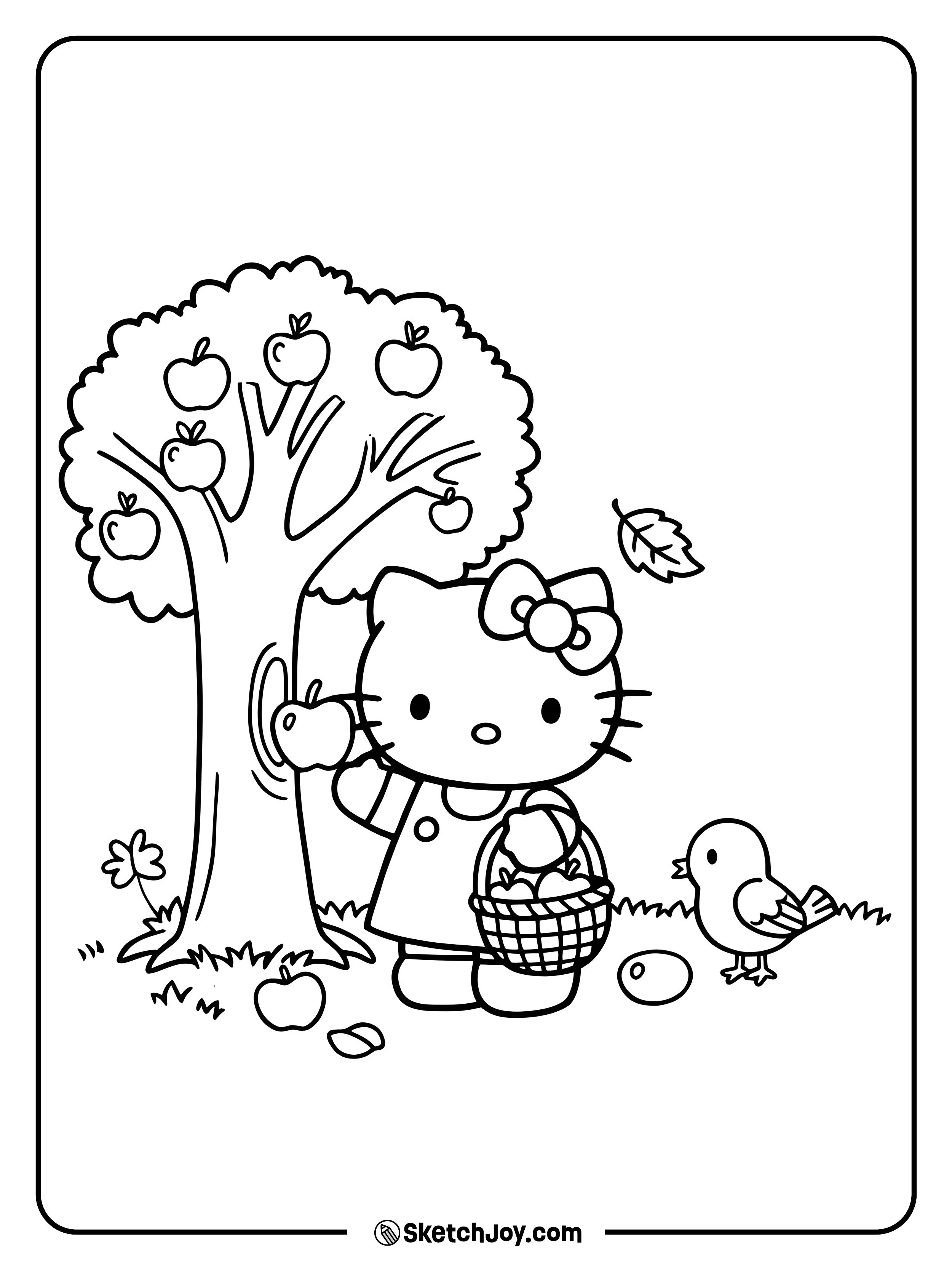 Hello Kitty is in an orchard picking delicious apples.
