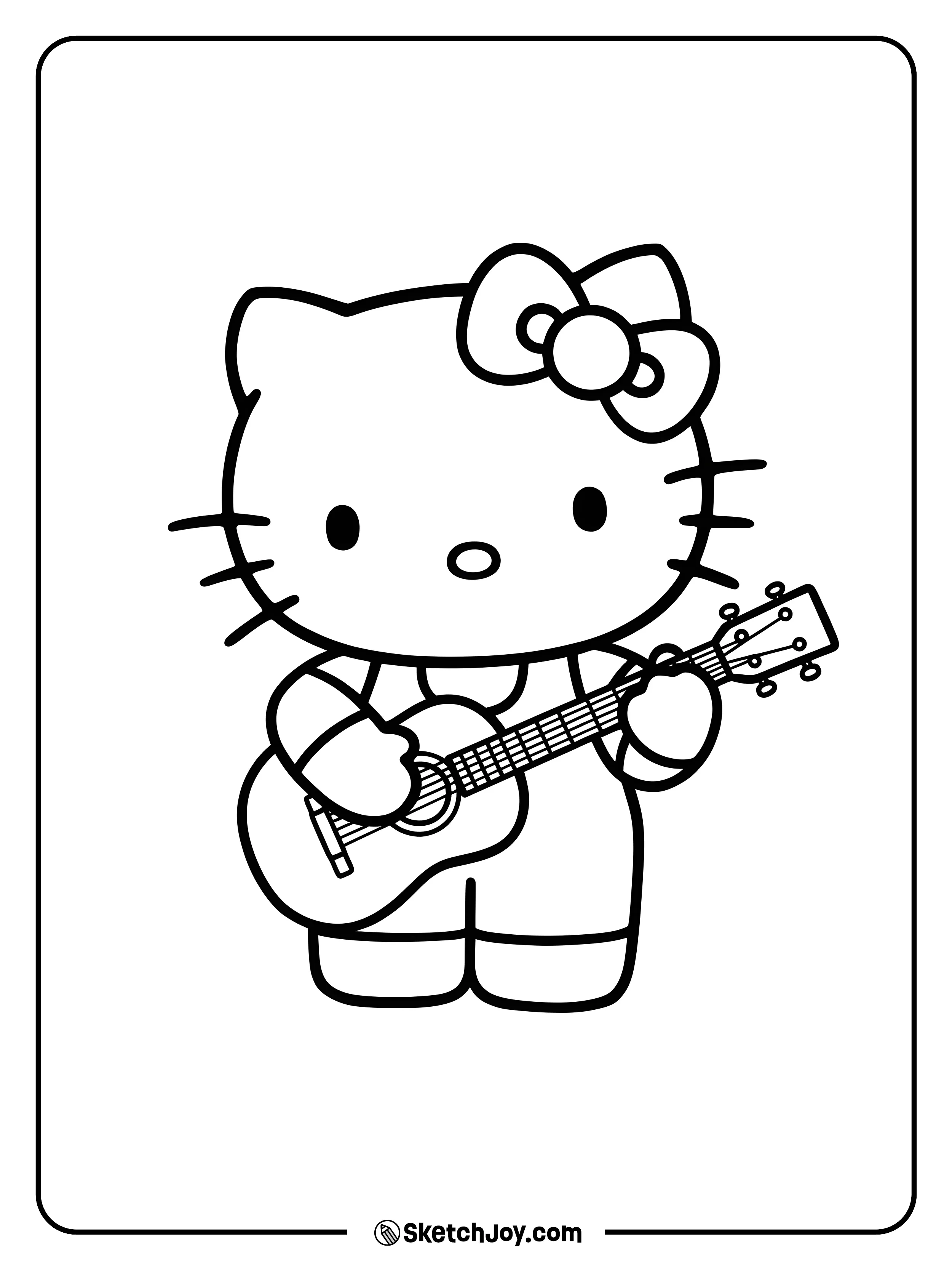 Hello Kitty is playing her little guitar with joy.