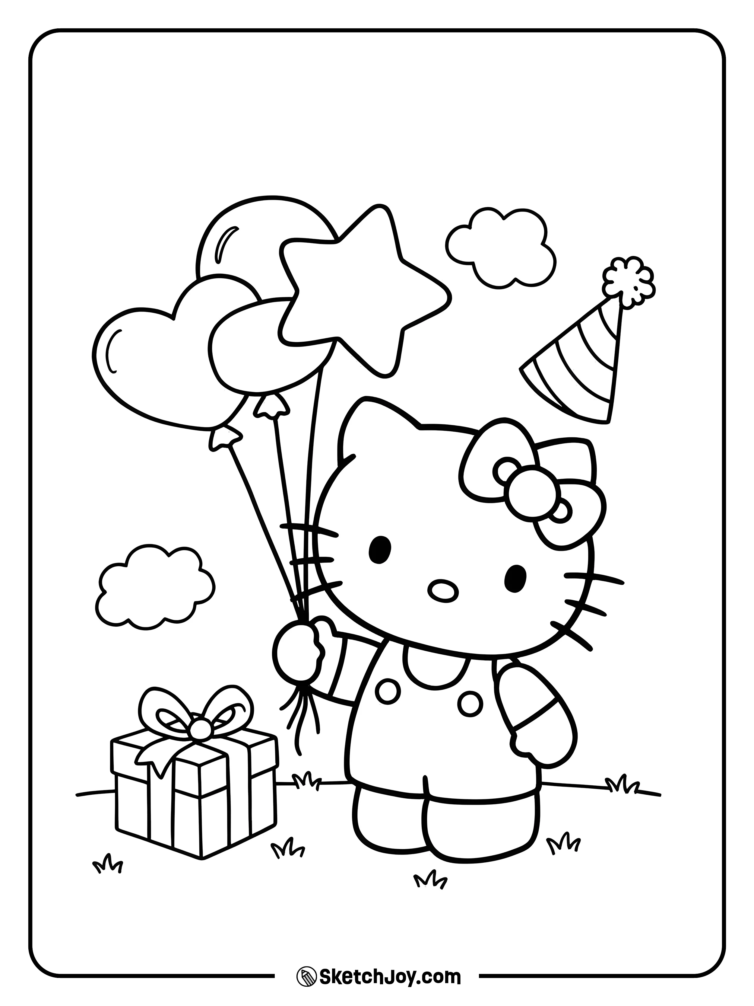 Hello Kitty is playing happily with floating balloons.