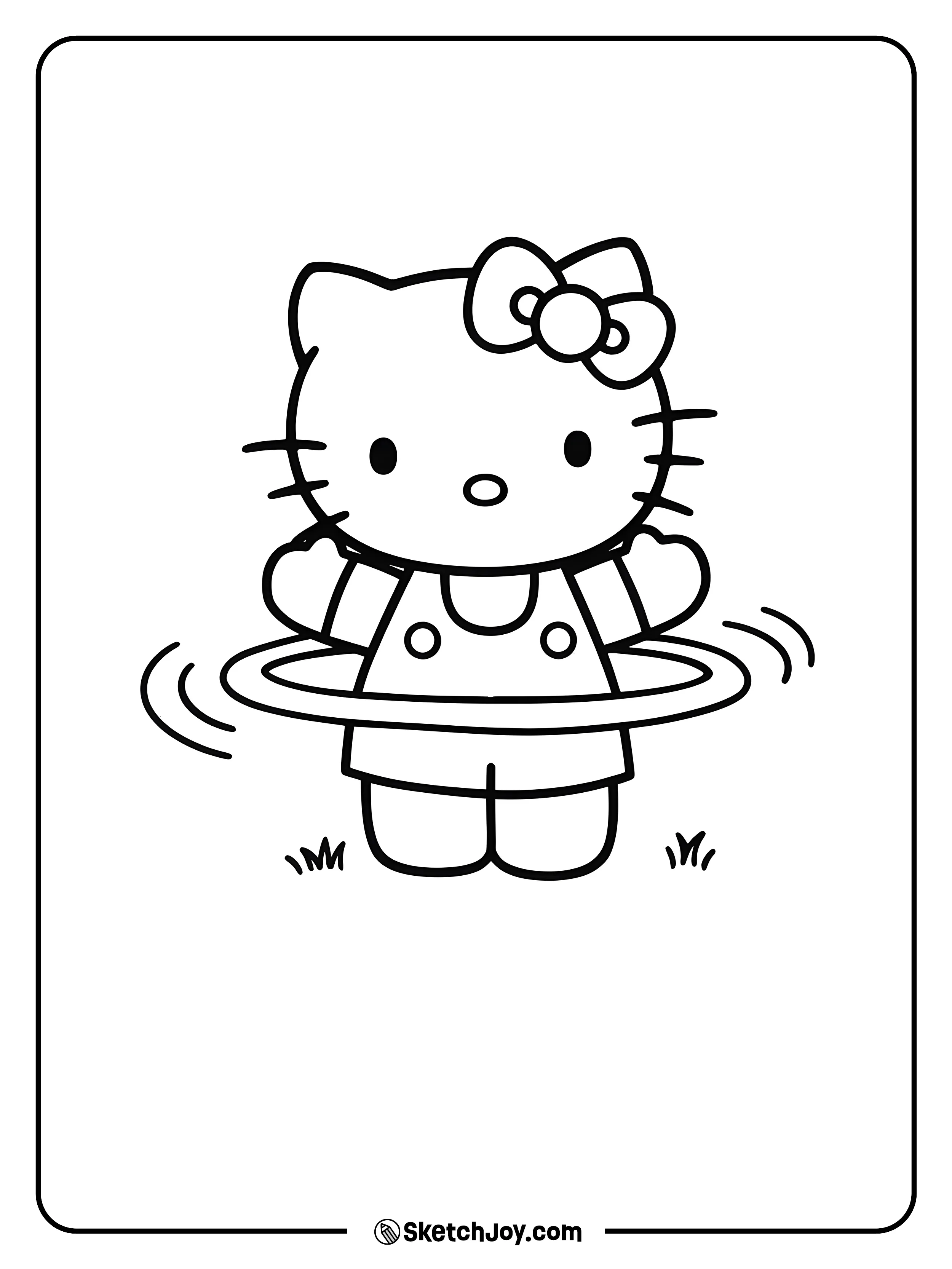 Hello Kitty is spinning a hula hoop around her waist.