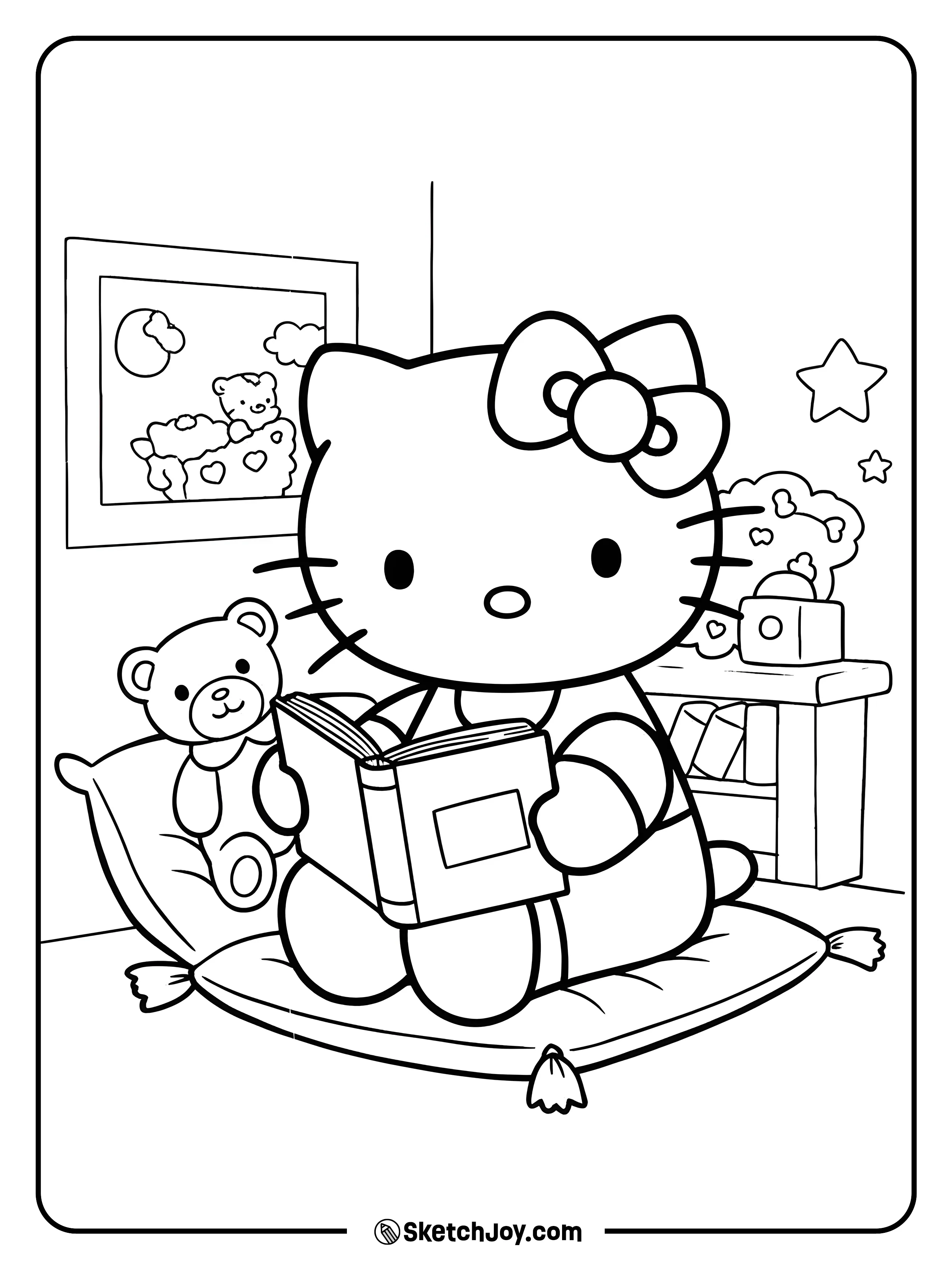 Hello Kitty is quietly reading her favorite storybook while sitting on a cushion.