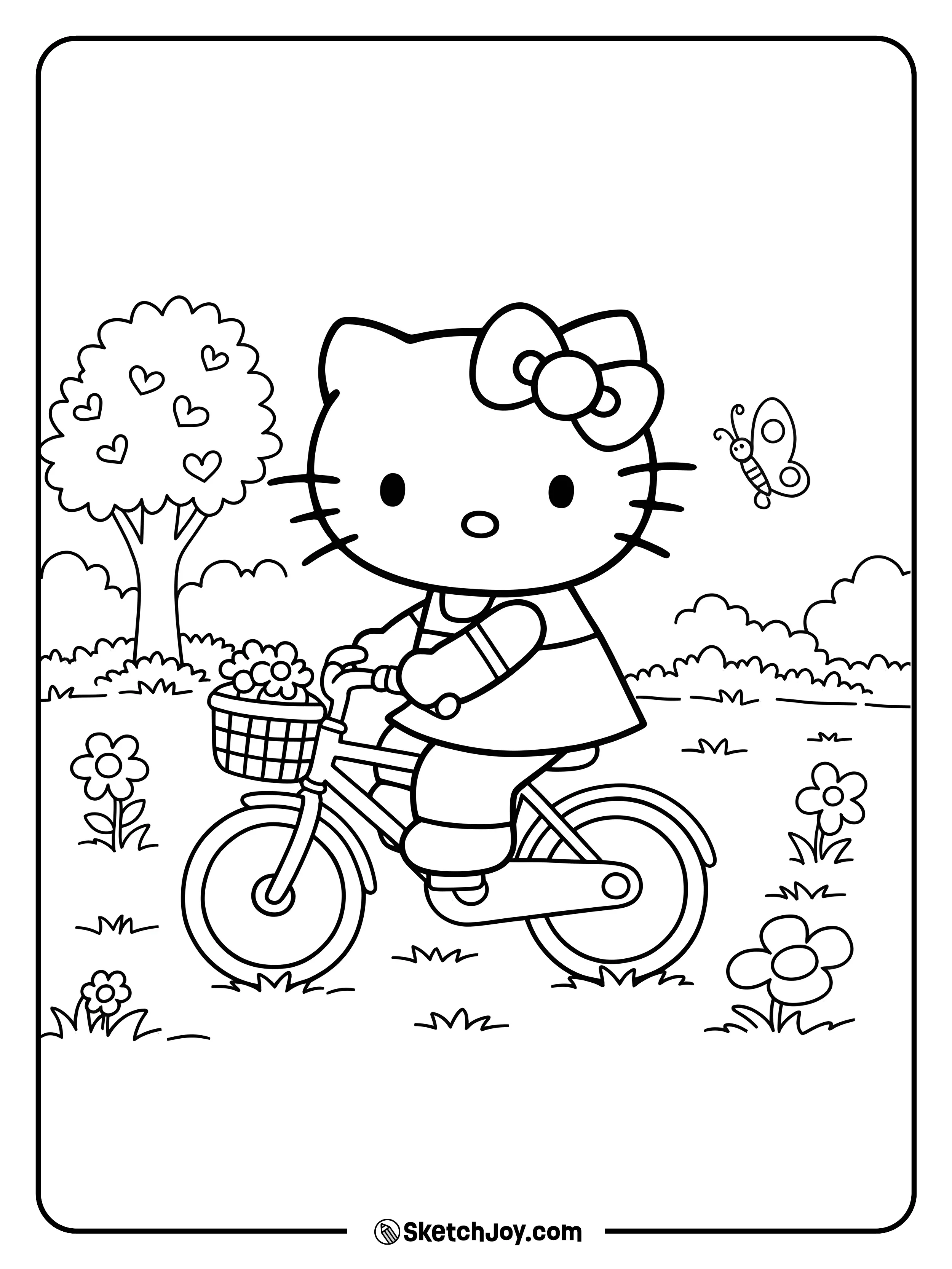 Hello Kitty is riding her cute bicycle through the park.