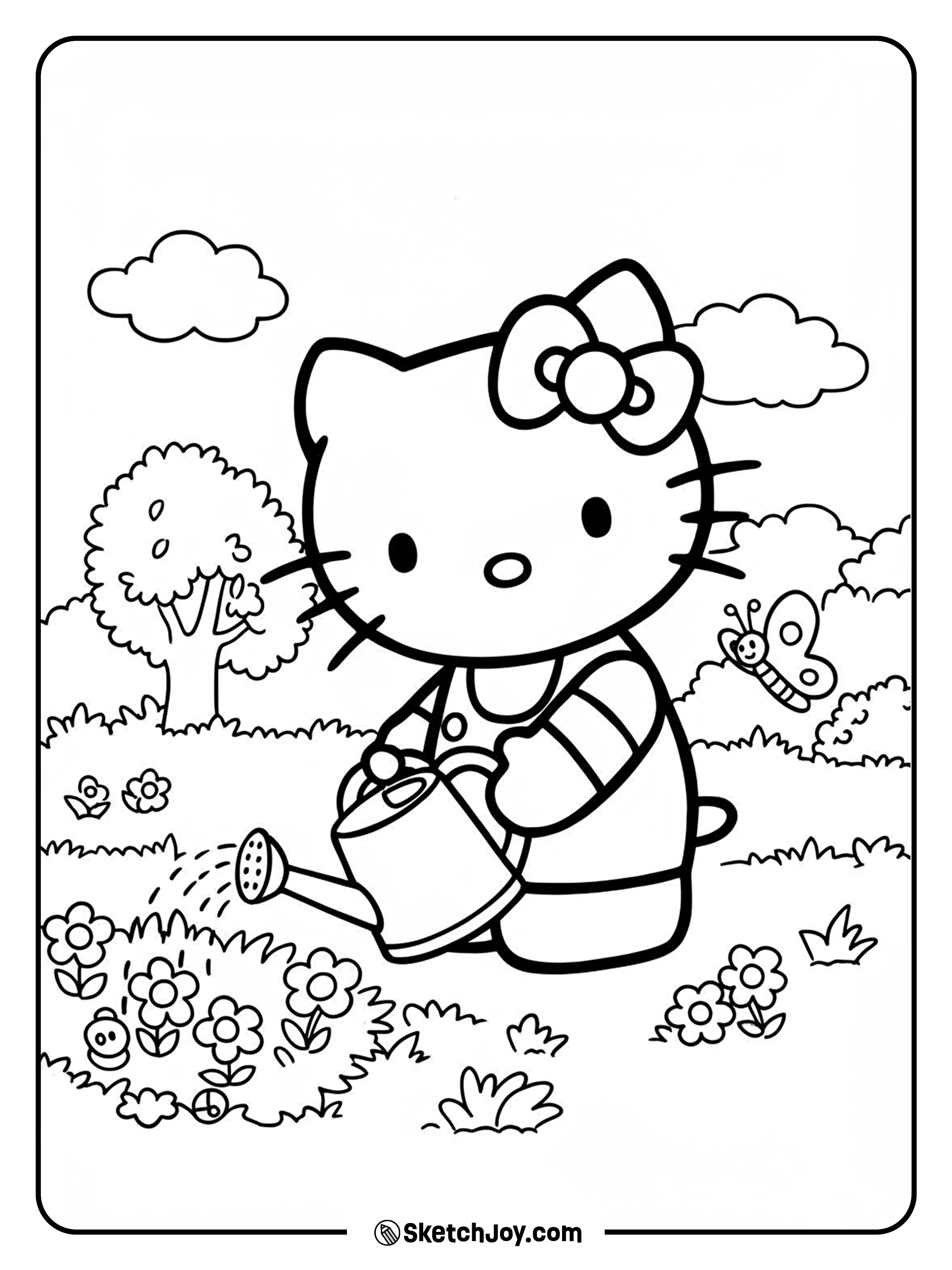 Hello Kitty is watering her flower garden on a bright day.