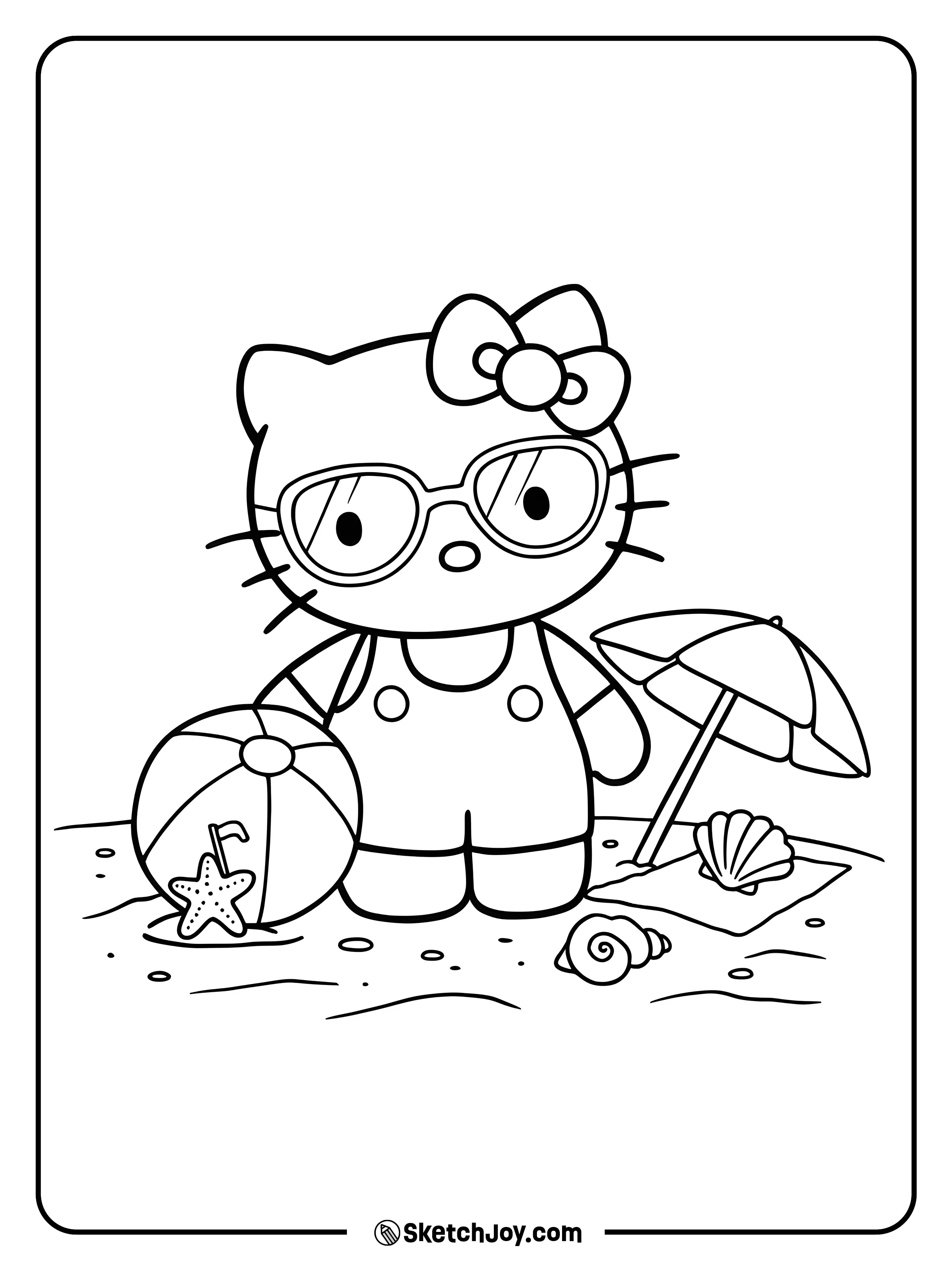 Hello Kitty is enjoying a sunny day at the beach with her beach ball.