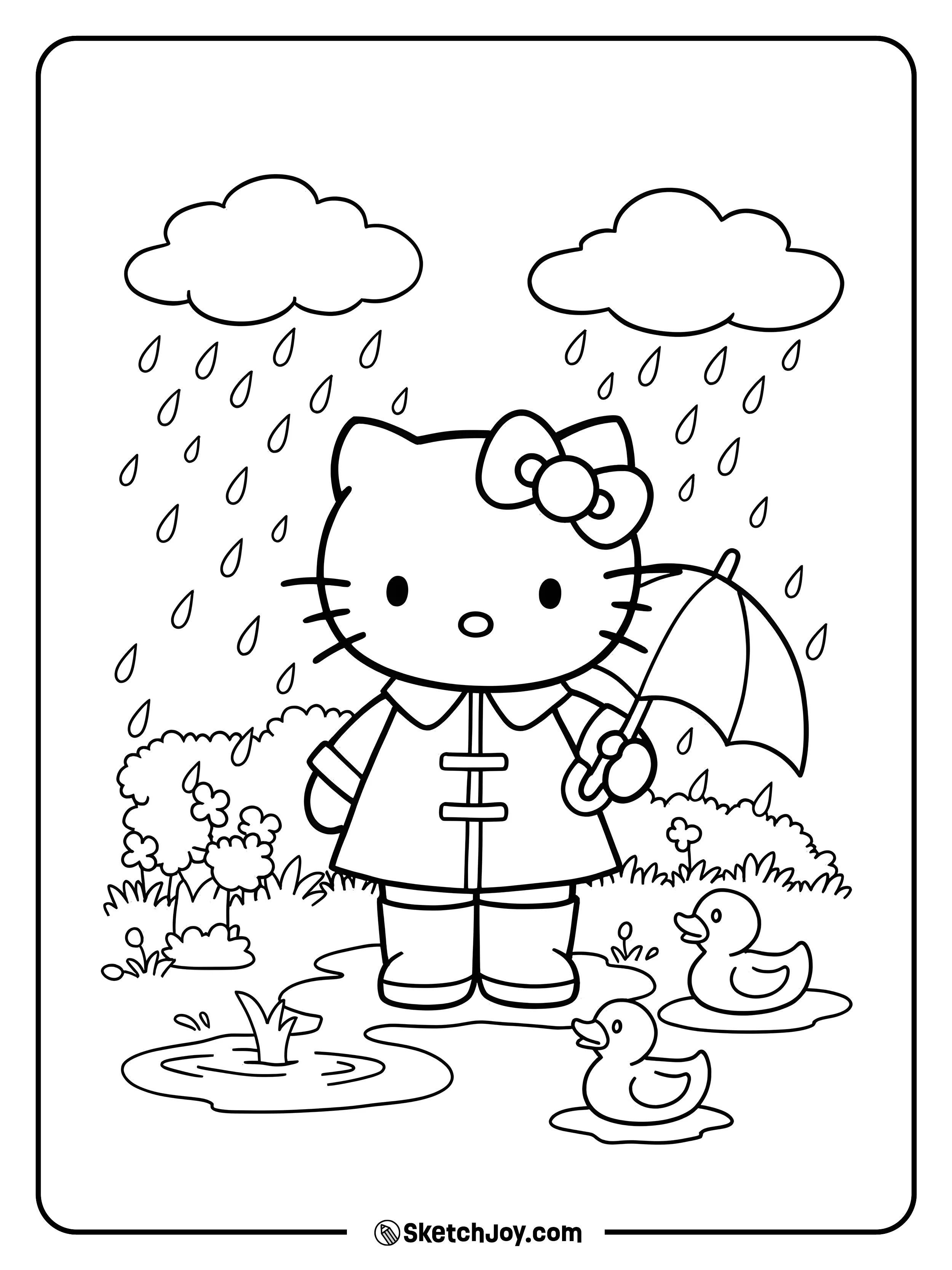 Hello Kitty is wearing her raincoat and playing in the gentle rain.