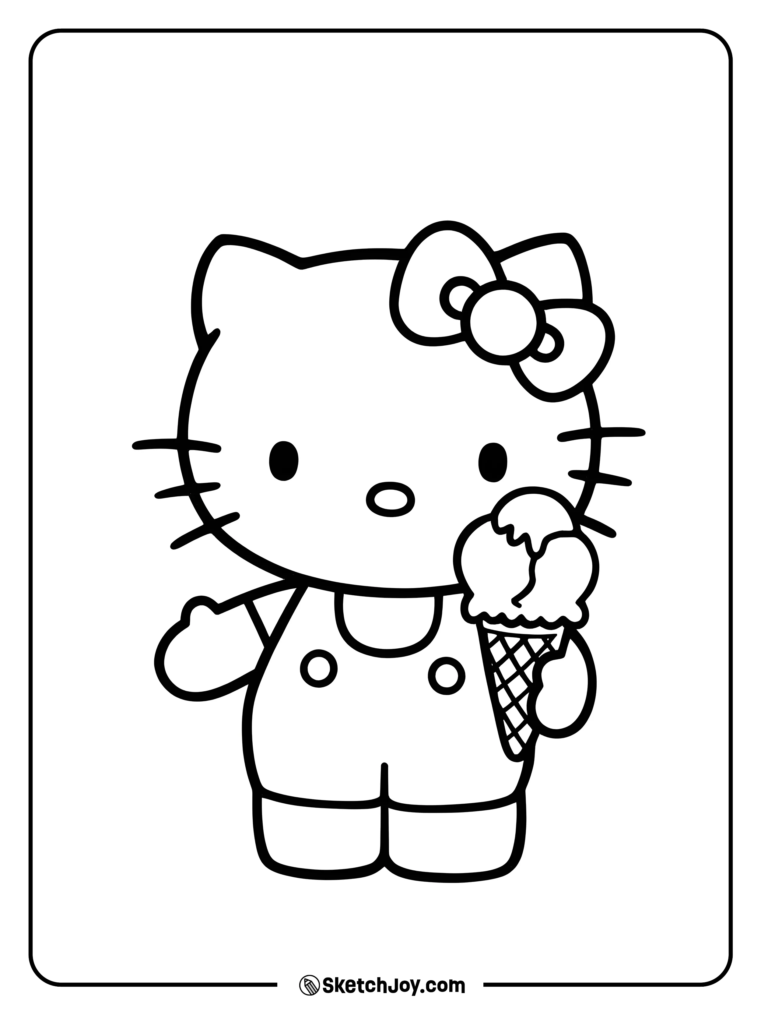 Hello Kitty is enjoying a big ice cream cone.