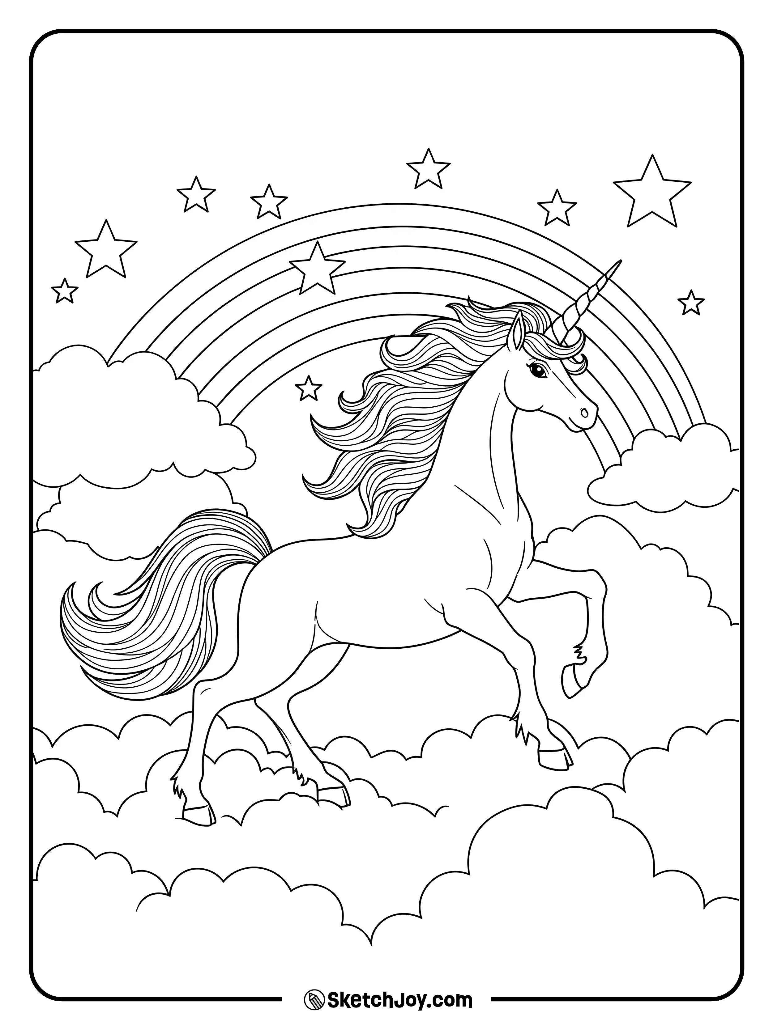 A unicorn with a long flowing mane and tail leaps over clouds with a rainbow and stars in the sky.