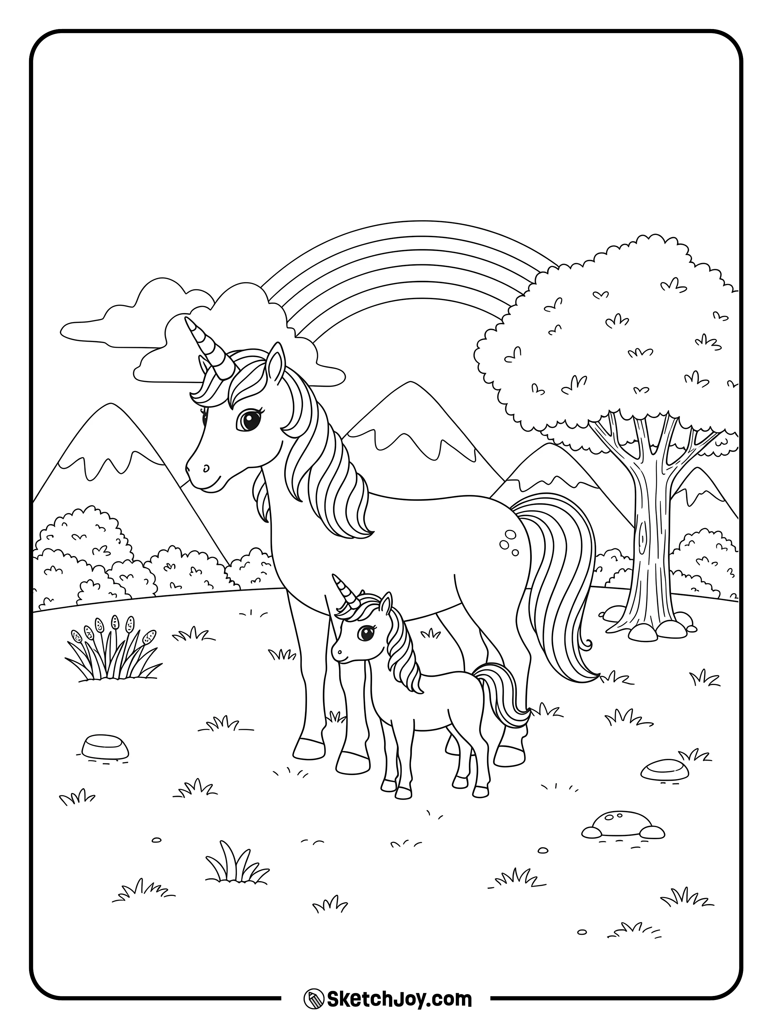 A sweet mother unicorn stands beside her baby in a field full of flowers.