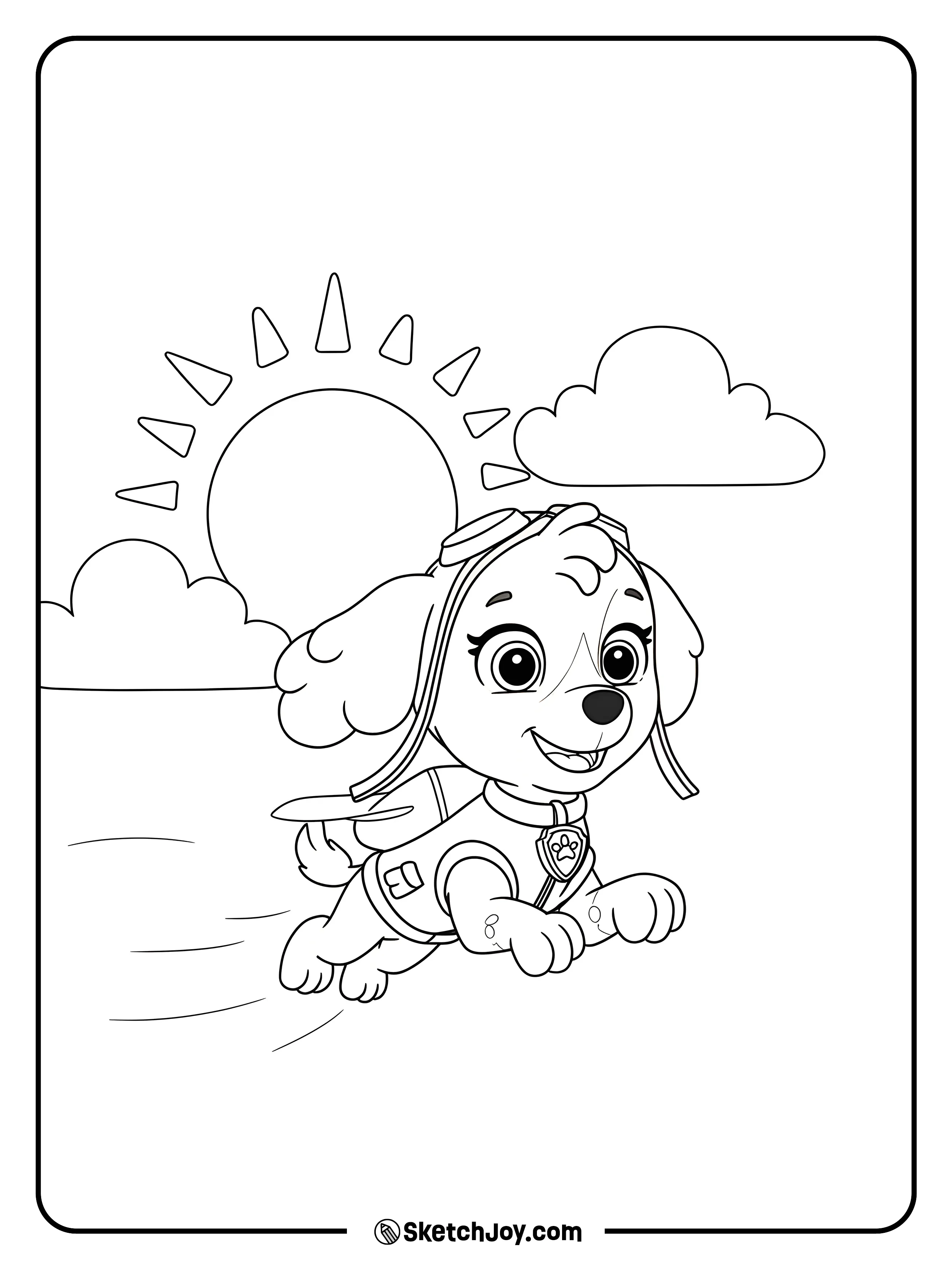 Skye is soaring through the sky with her helicopter wings extended.