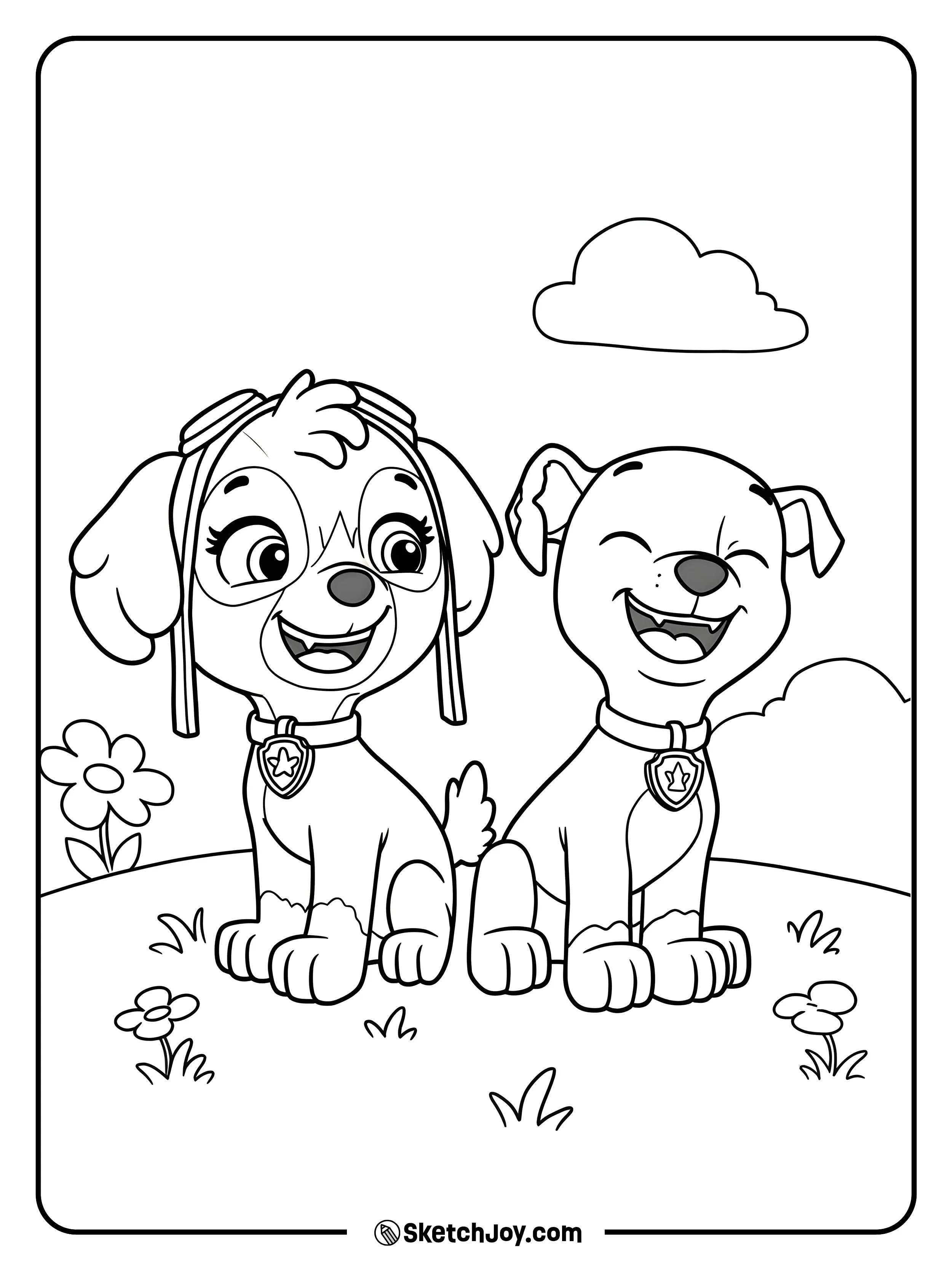 Skye and Marshall are standing together on a grassy field, sharing a cheerful moment.