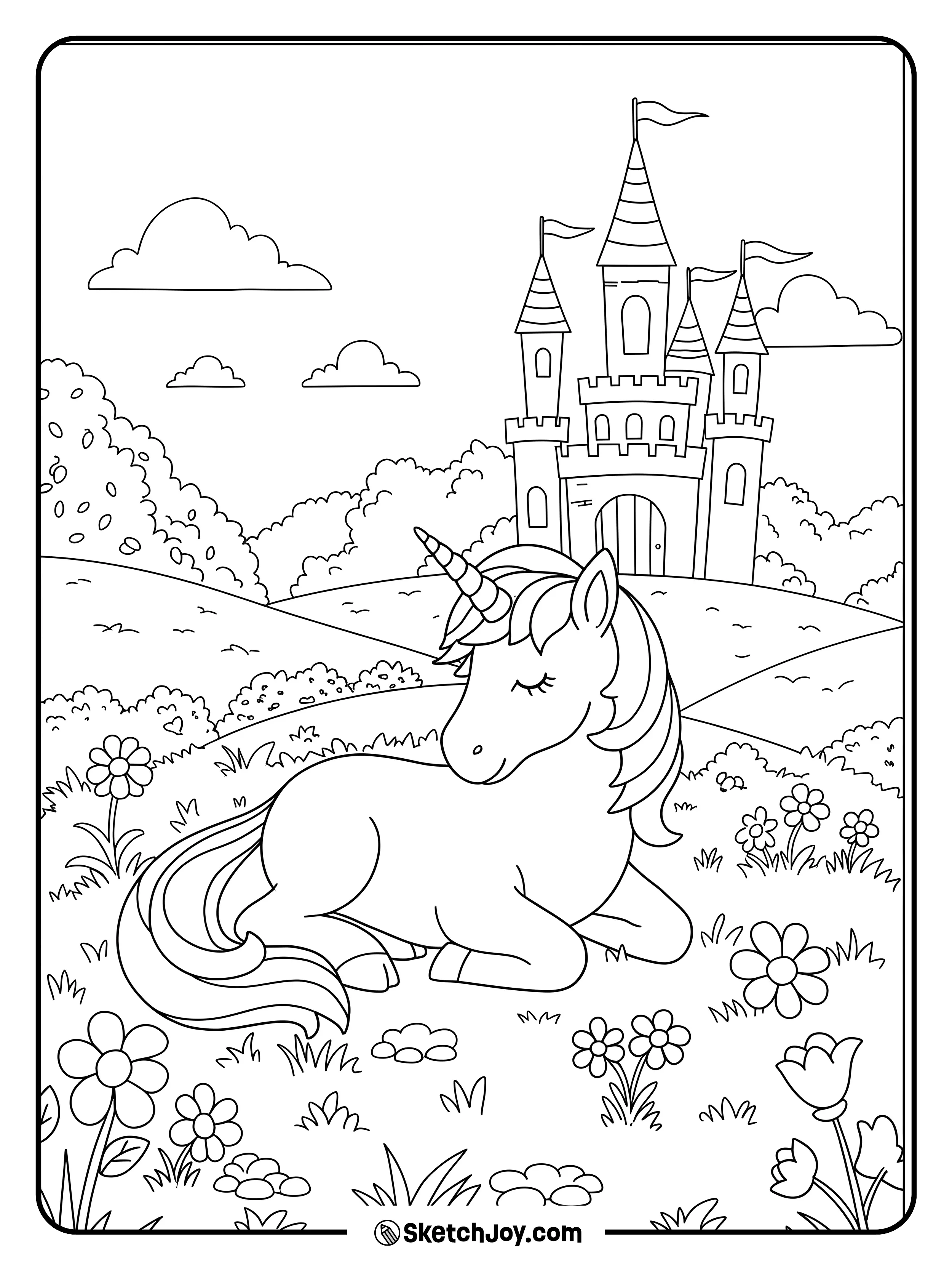 A peaceful unicorn is sleeping in a grassy field surrounded by flowers, with a fairytale castle in the background.