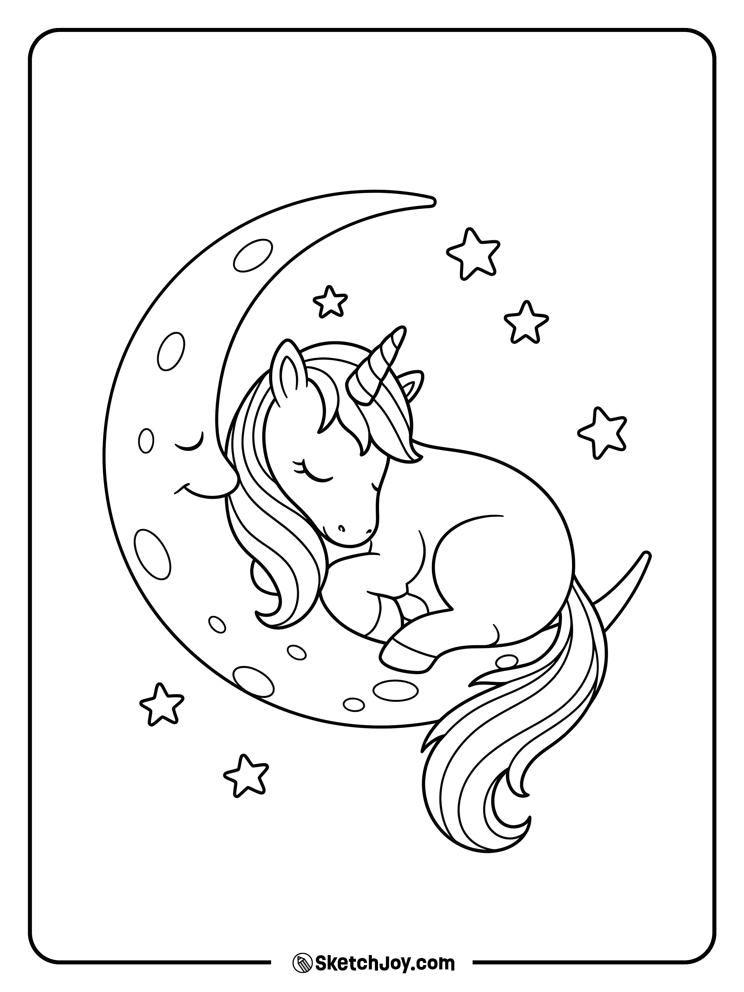 A peaceful unicorn sleeping on a crescent moon with tiny stars.