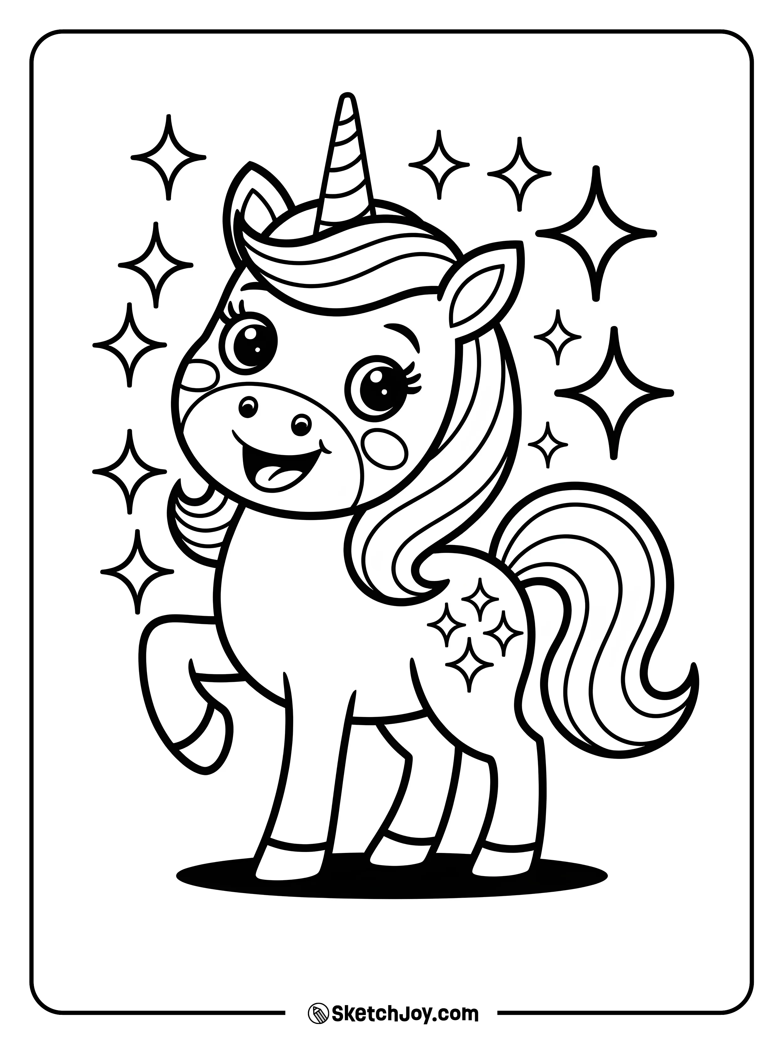 A cheerful unicorn with a fluffy mane and tail, surrounded by little stars.