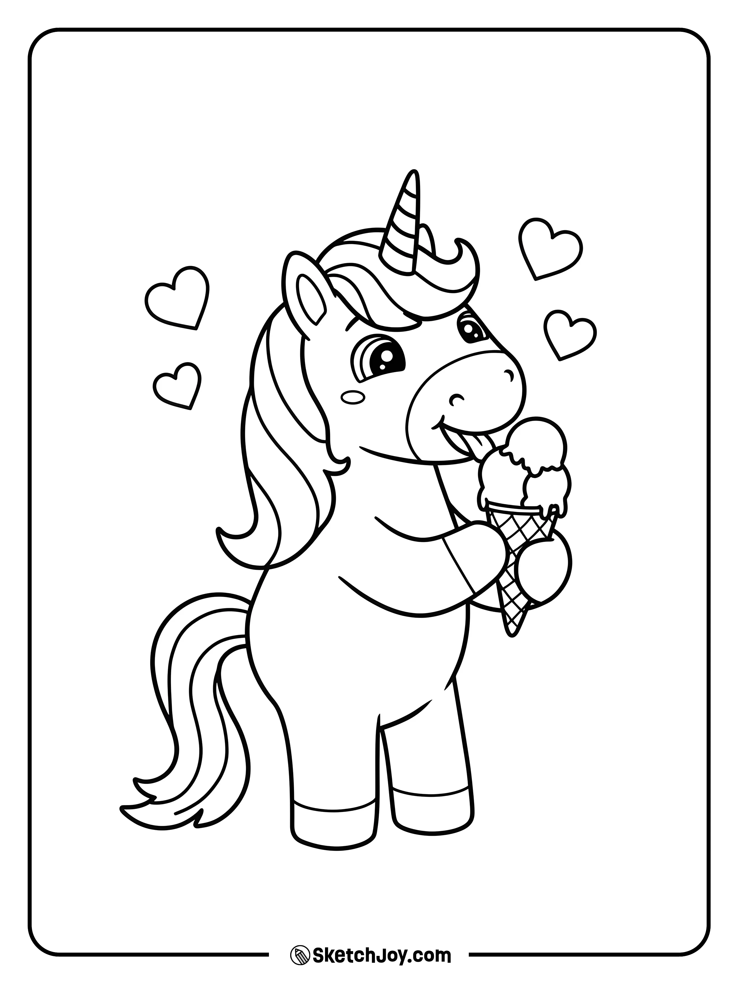 A playful unicorn enjoying an ice cream cone with hearts floating nearby.