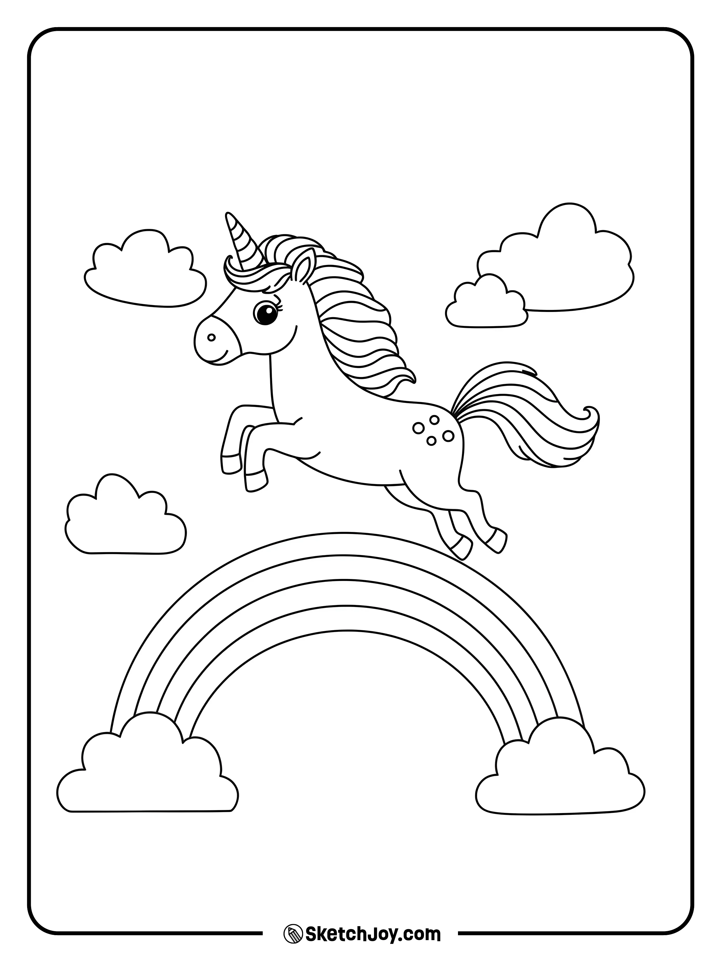 A cheerful unicorn leaping over a simple rainbow with clouds around.