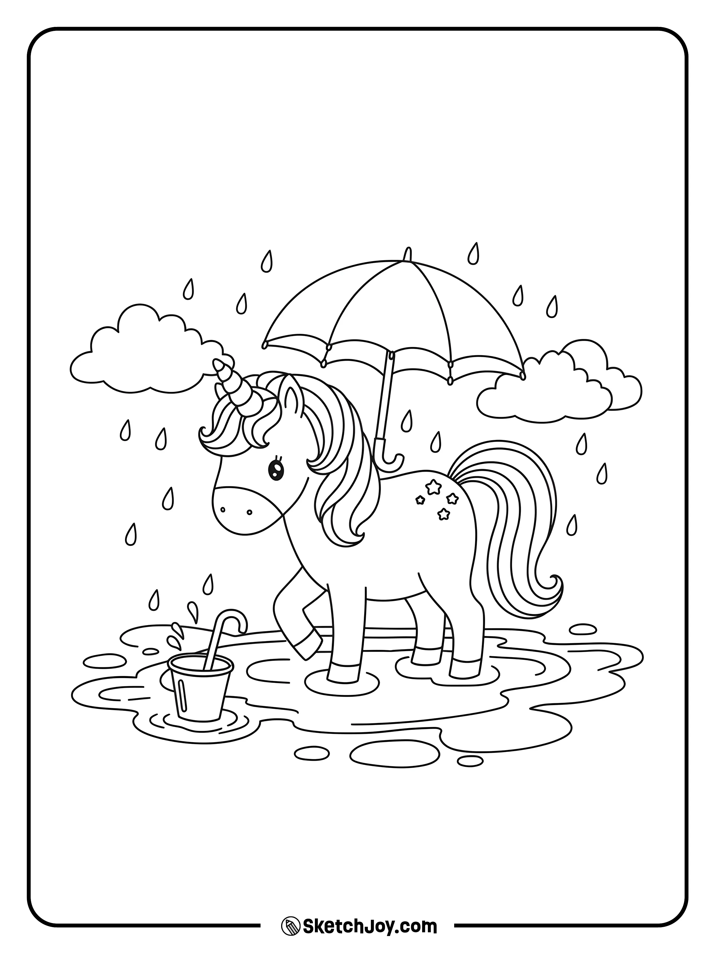 A unicorn splashing in puddles with a small umbrella and raindrops.
