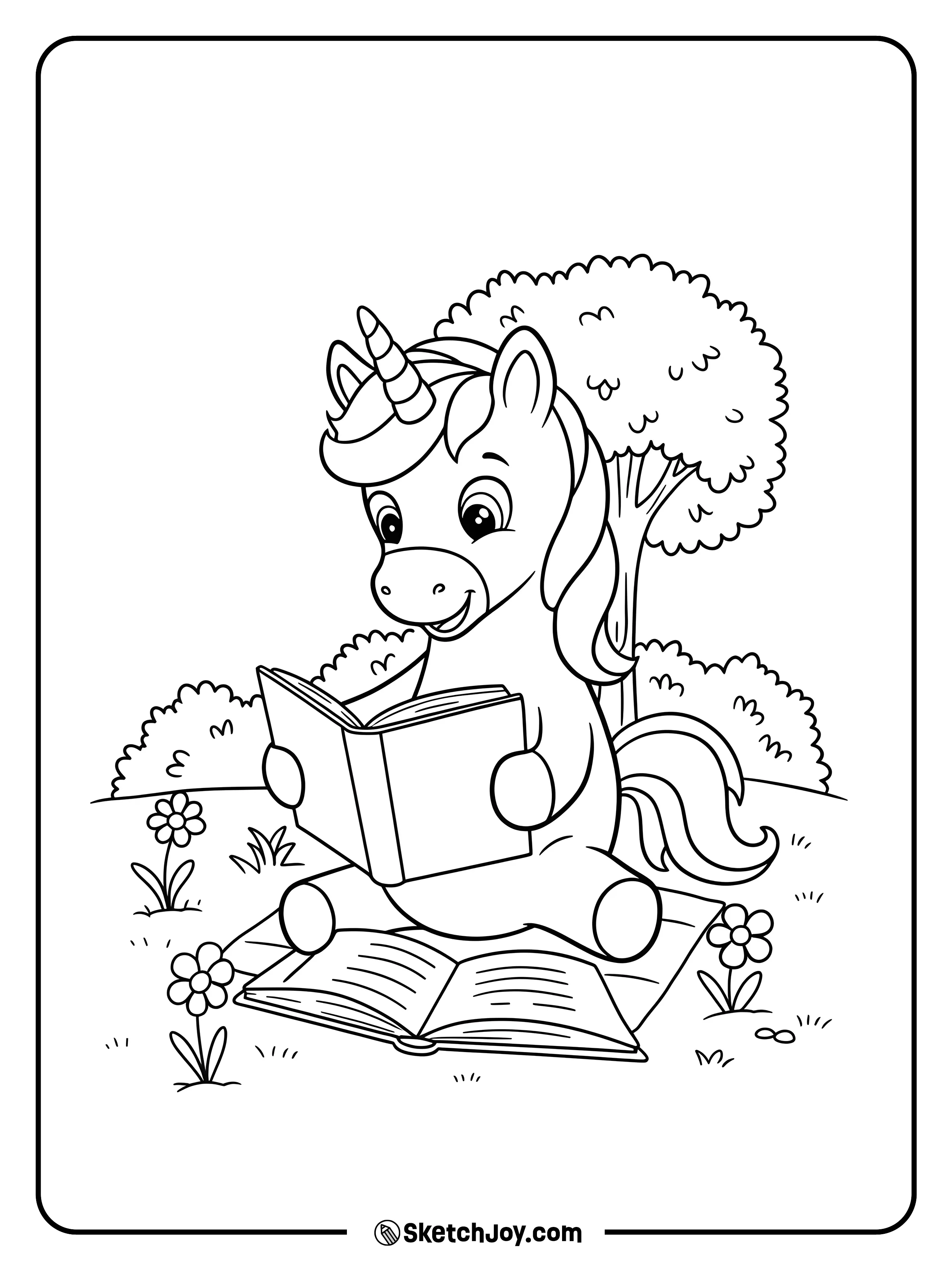 A smart unicorn sitting and reading a book under a tree.