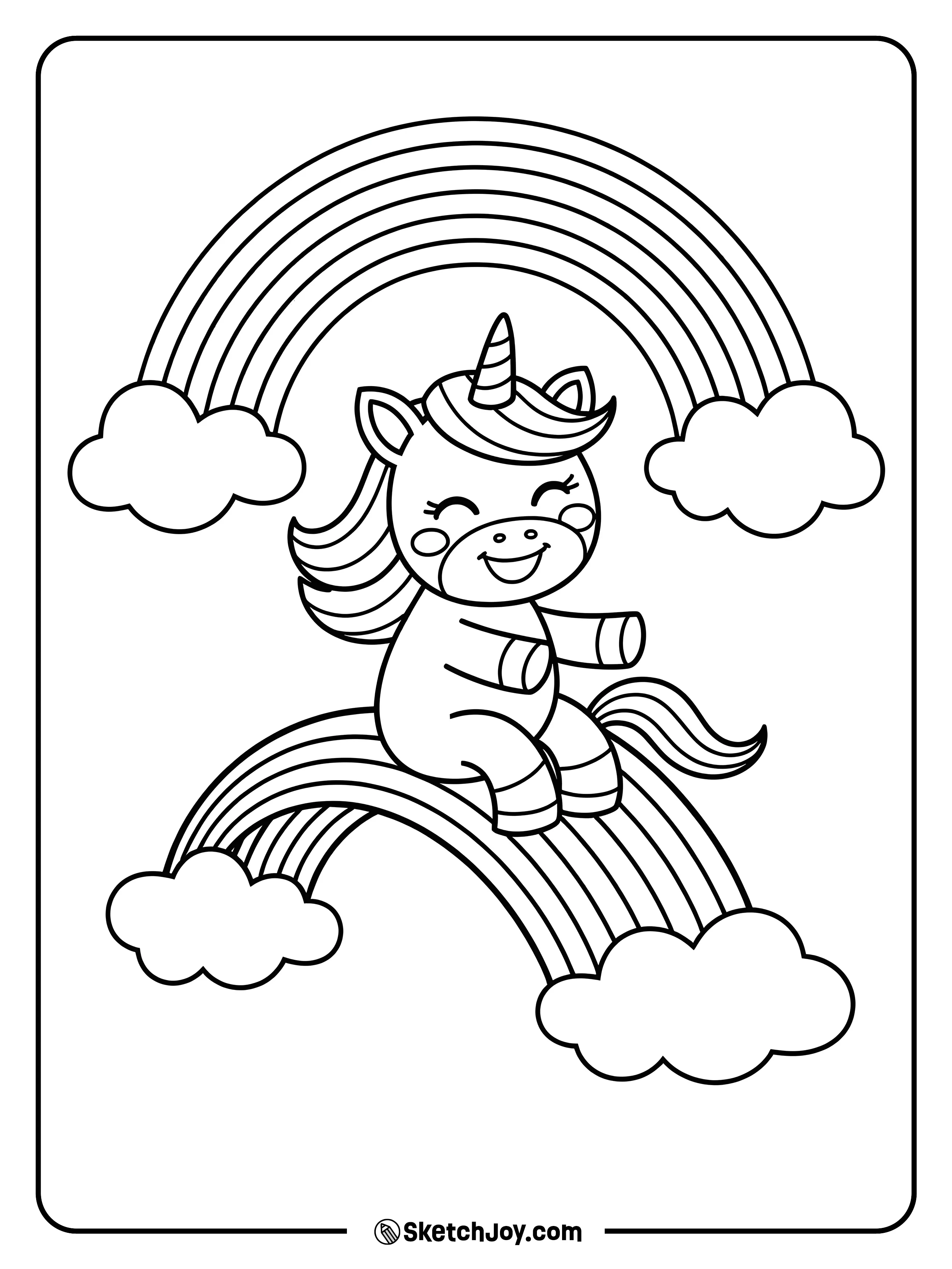 A playful unicorn happily sliding down a magical rainbow between fluffy clouds.