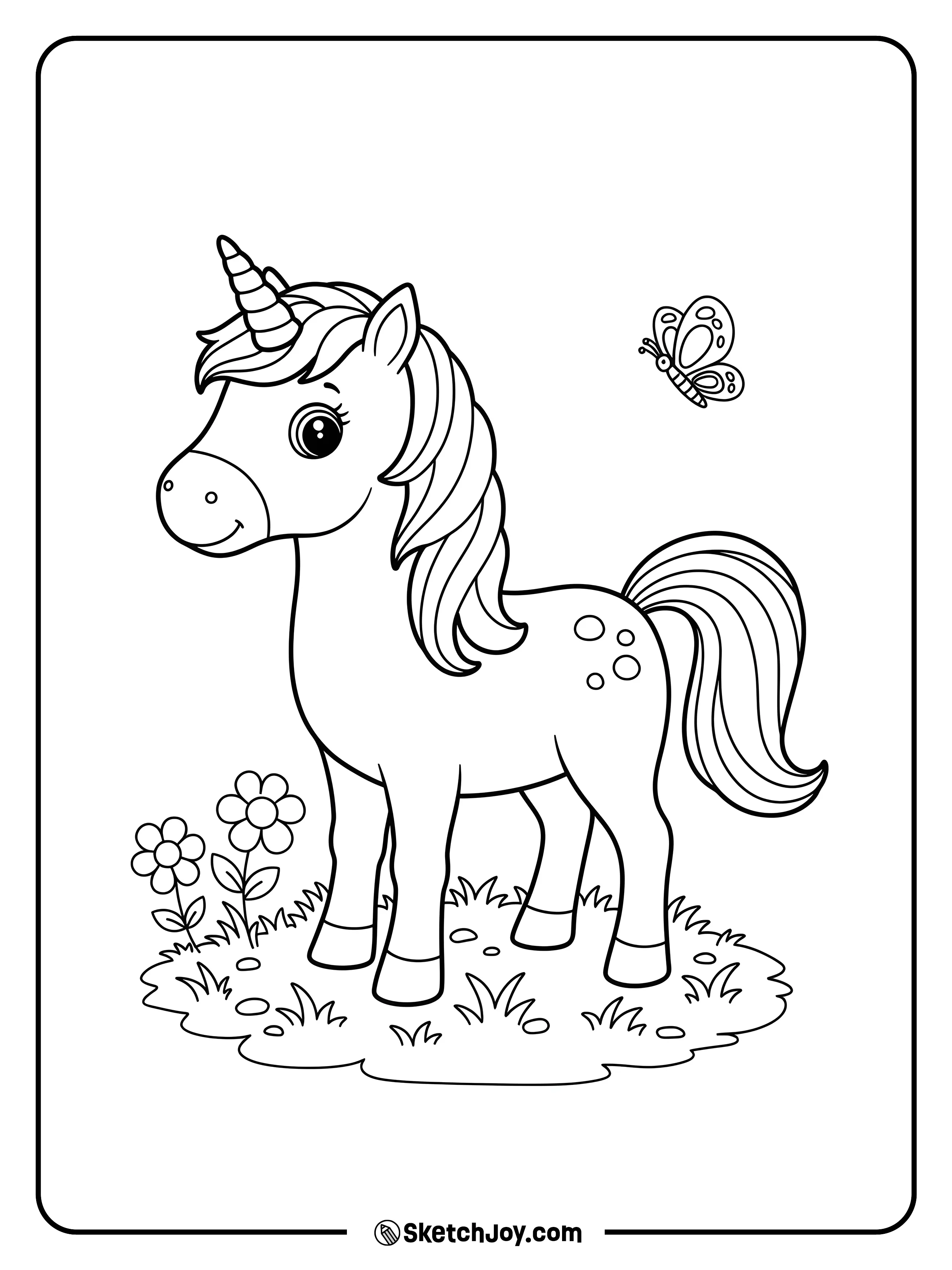 A unicorn standing in a field with a few flowers and a butterfly.