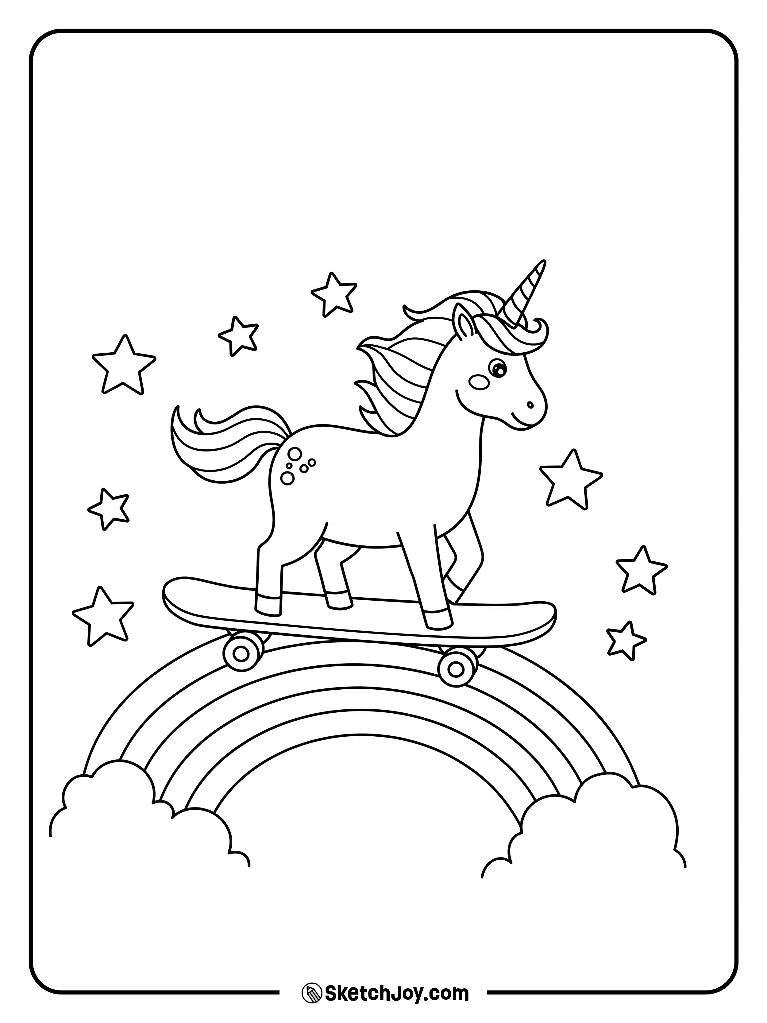 A cool unicorn riding a skateboard with stars in the background.