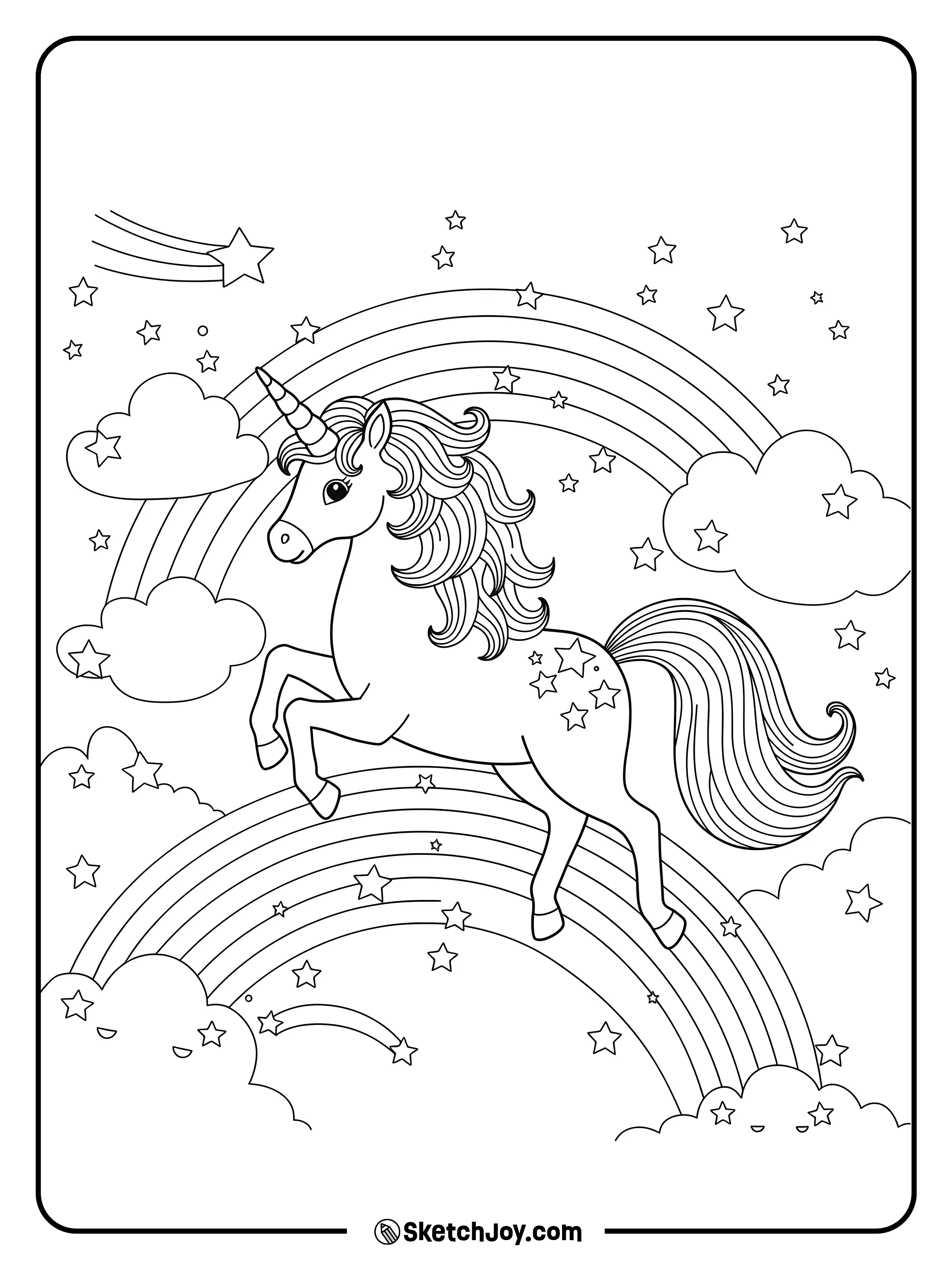 A happy unicorn prancing across a rainbow.