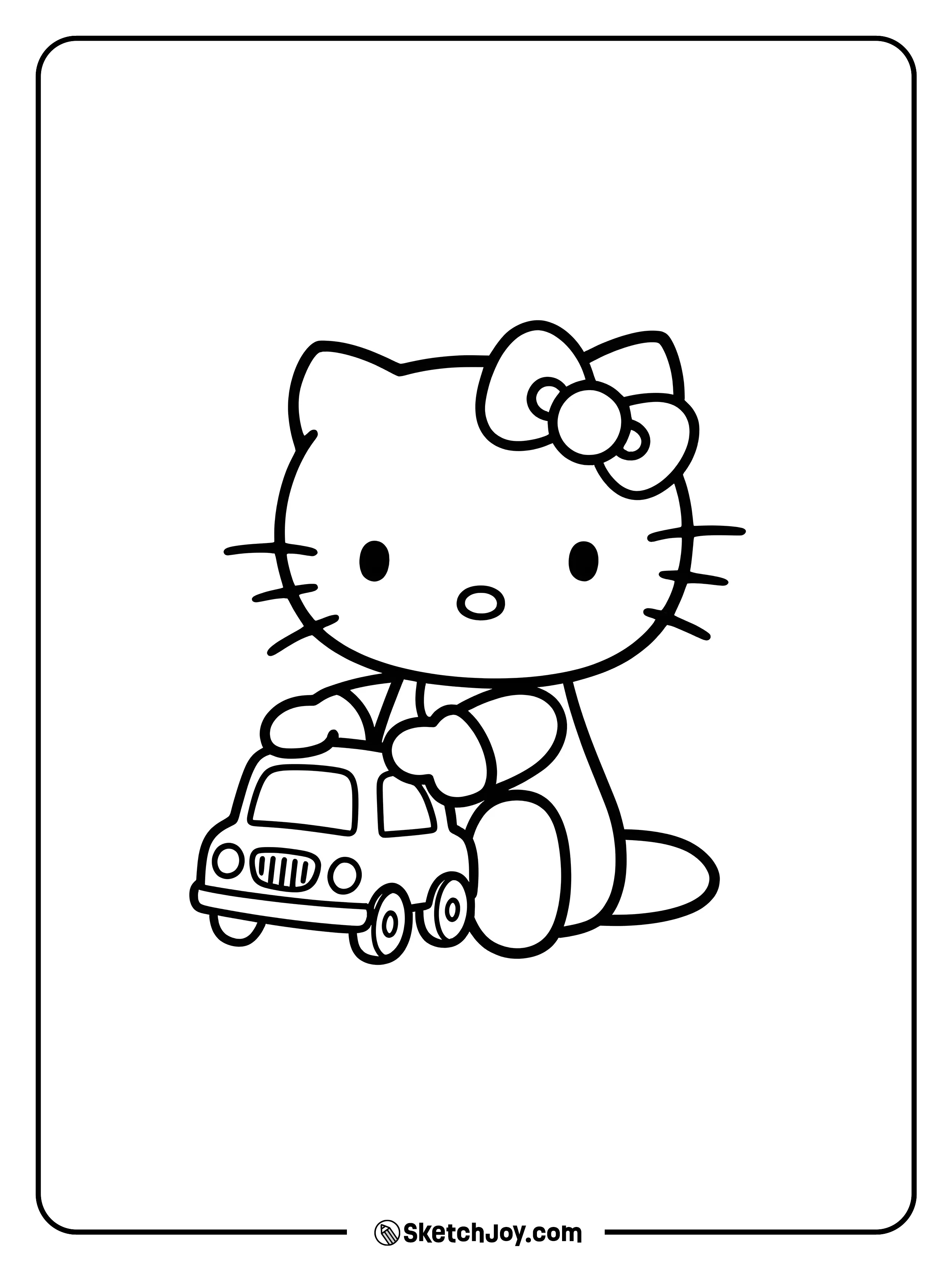 Hello Kitty is sitting and pushing a toy car on the ground.