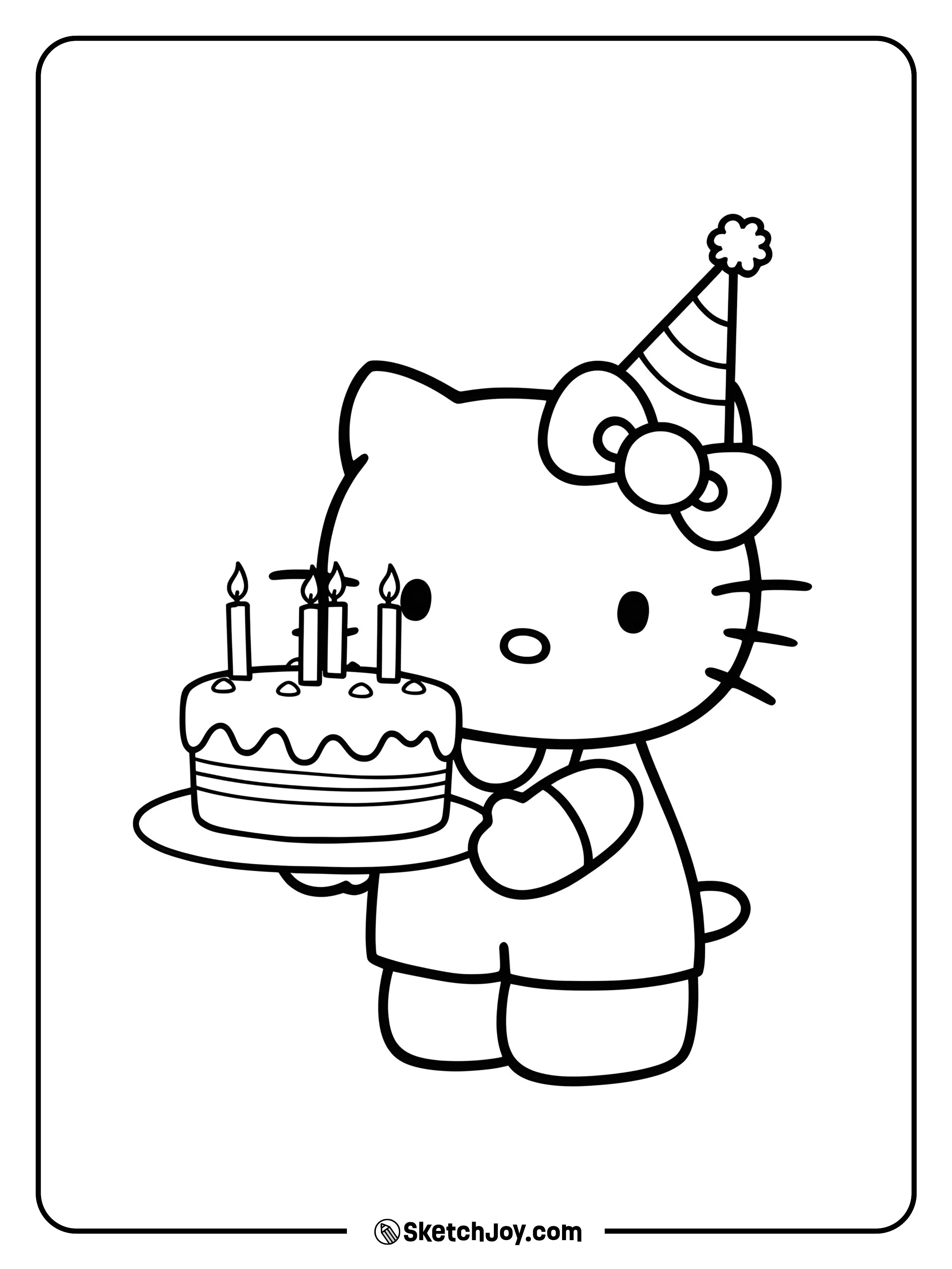 Hello Kitty is happily presenting a birthday cake with candles.