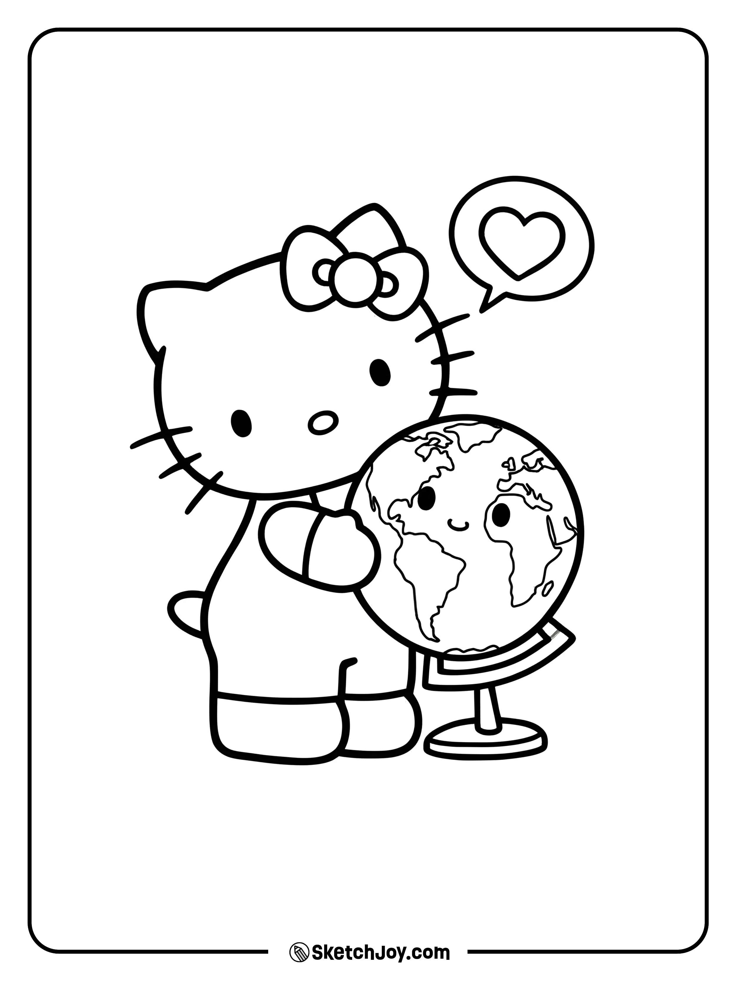 Hello Kitty is giving the Earth a big hug, showing kindness and care for the planet.