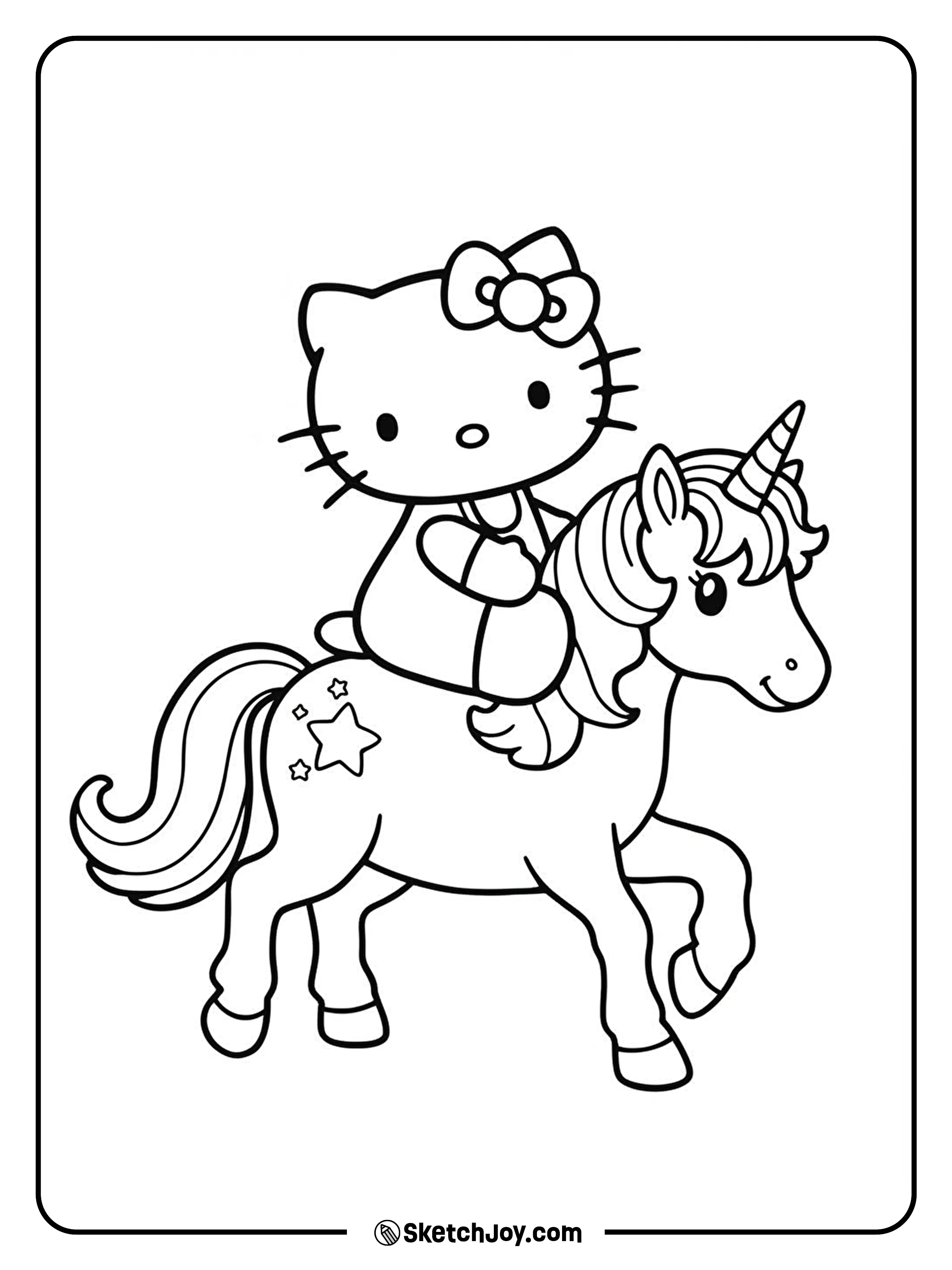 Hello Kitty is joyfully riding a magical unicorn with a flowing rainbow mane.