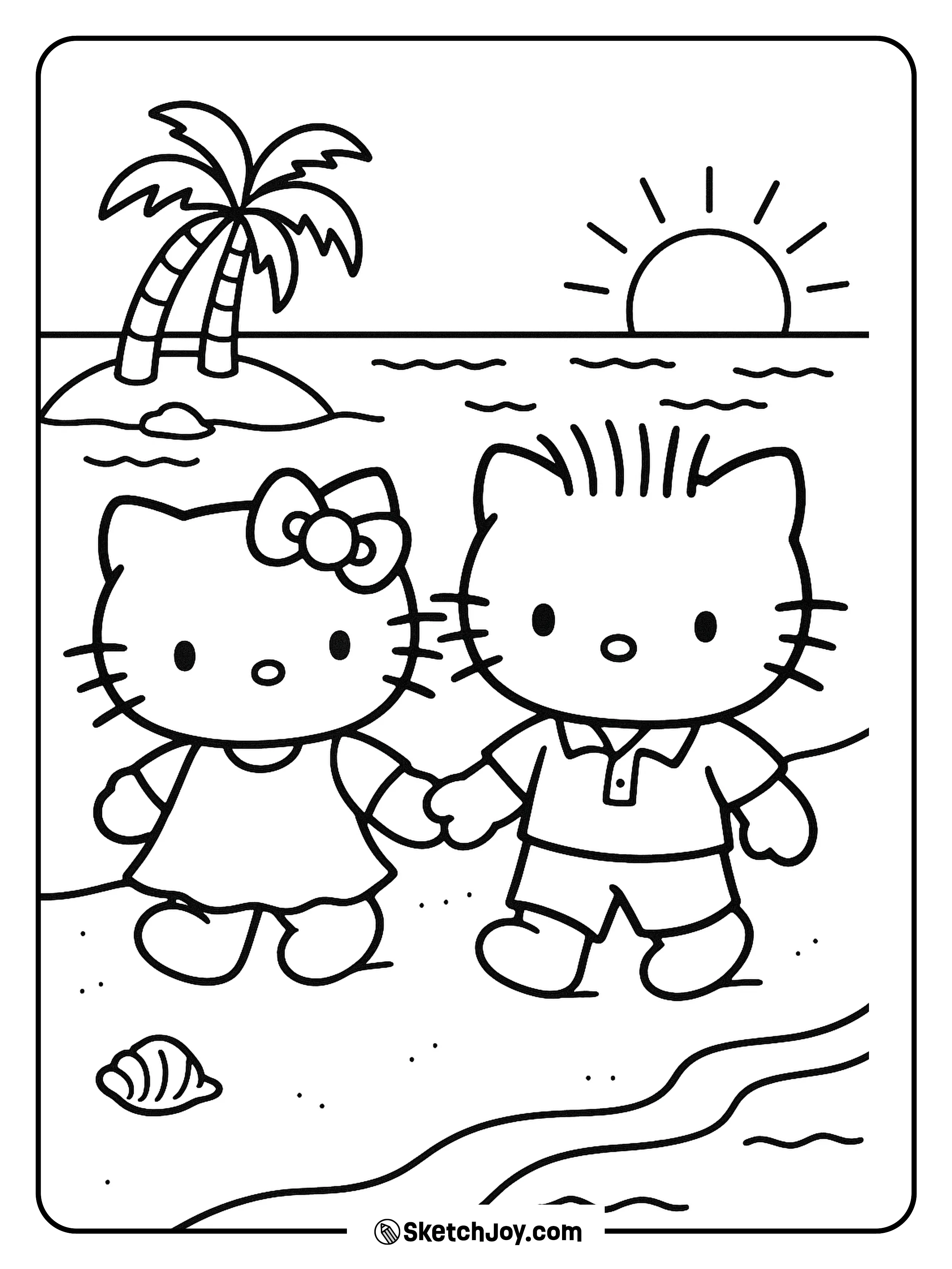 Hello Kitty and Dear Daniel are walking together on the beach during a sunny day.