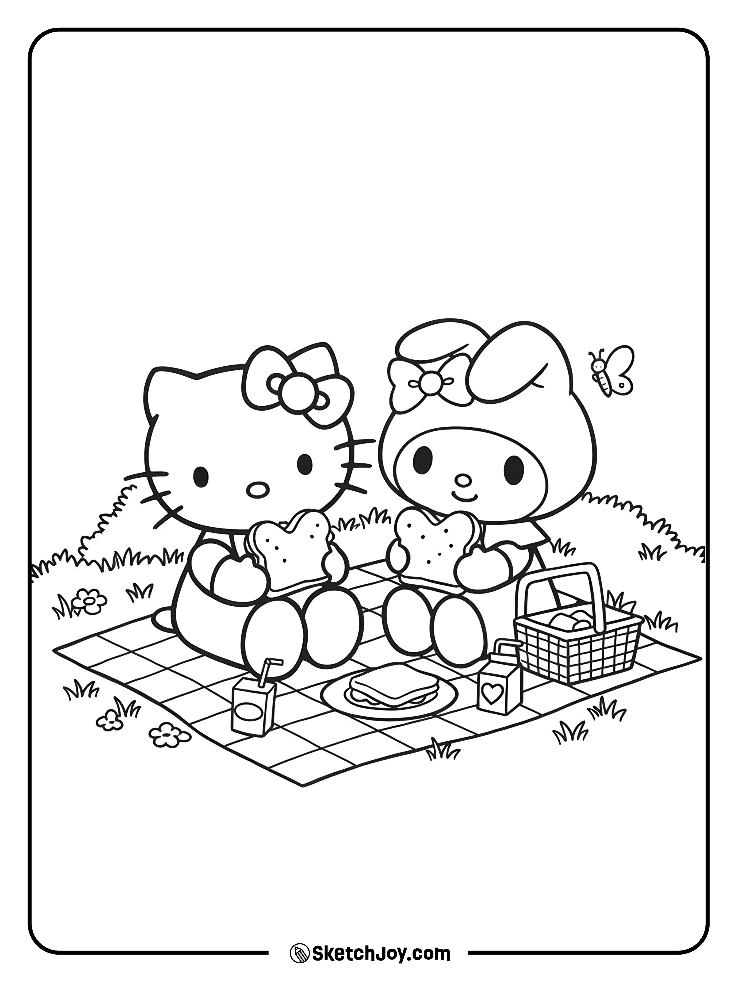 Hello Kitty and My Melody are sitting together, enjoying a cute outdoor picnic.