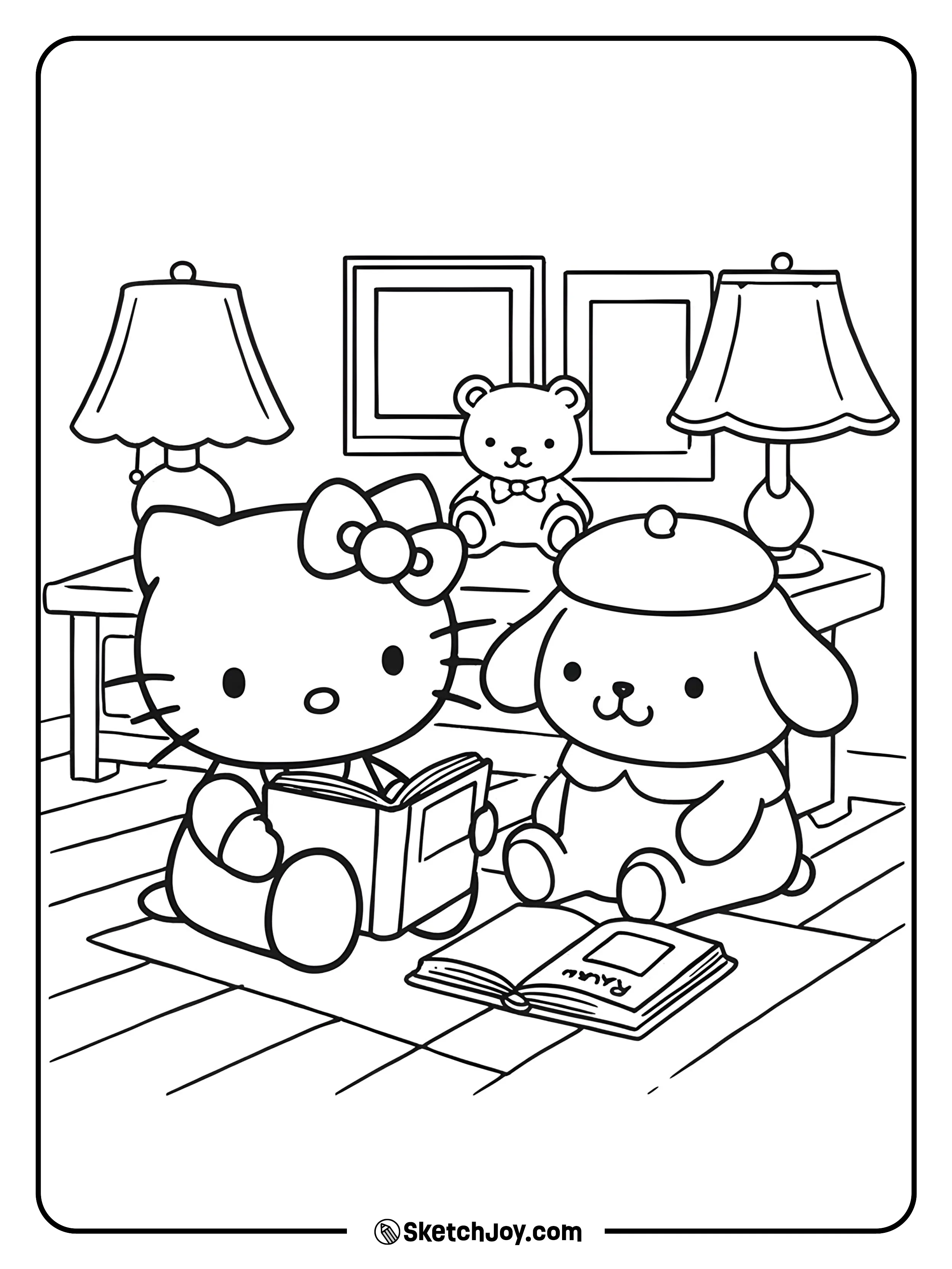 Hello Kitty and Pompompurin are sitting side by side with their favorite books.