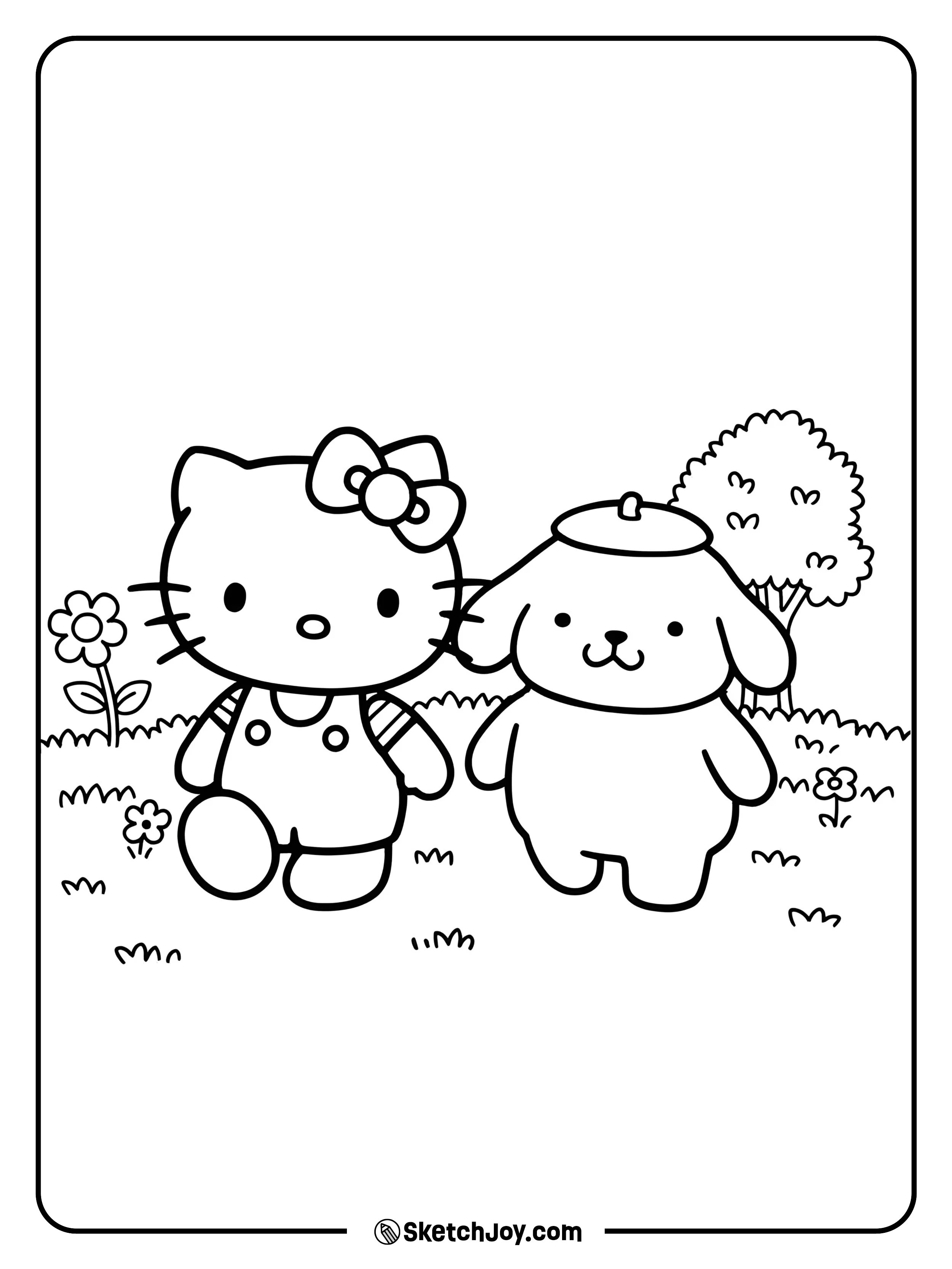 Hello Kitty and Pompompurin are walking in the park.