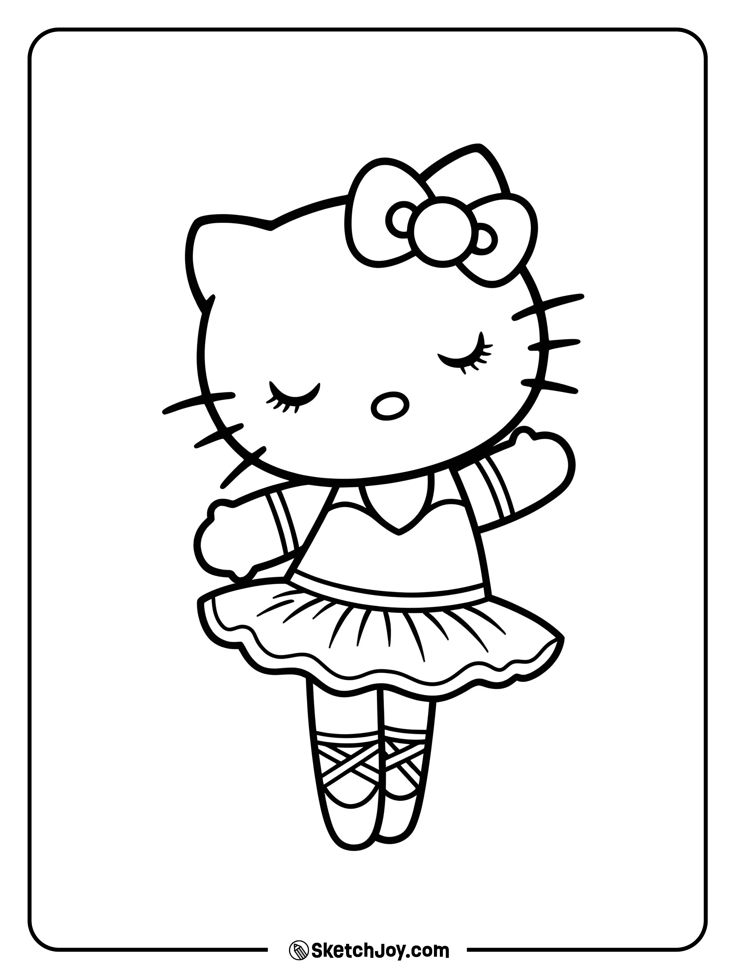 Hello Kitty is dressed as a ballerina, striking a graceful dance pose with her eyes closed.