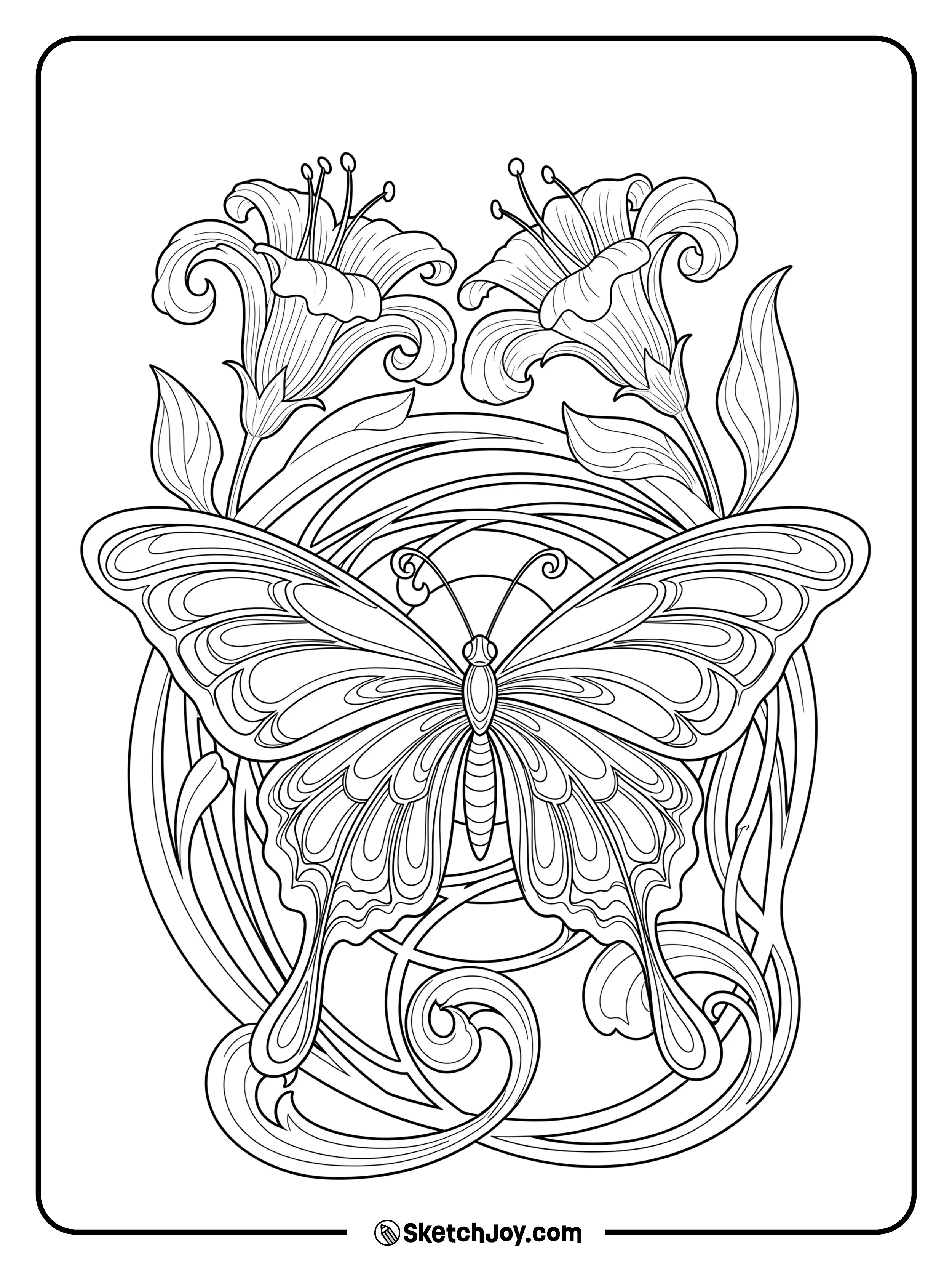 A stylized butterfly framed with flowing, curved Art Nouveau lines and floral accents.