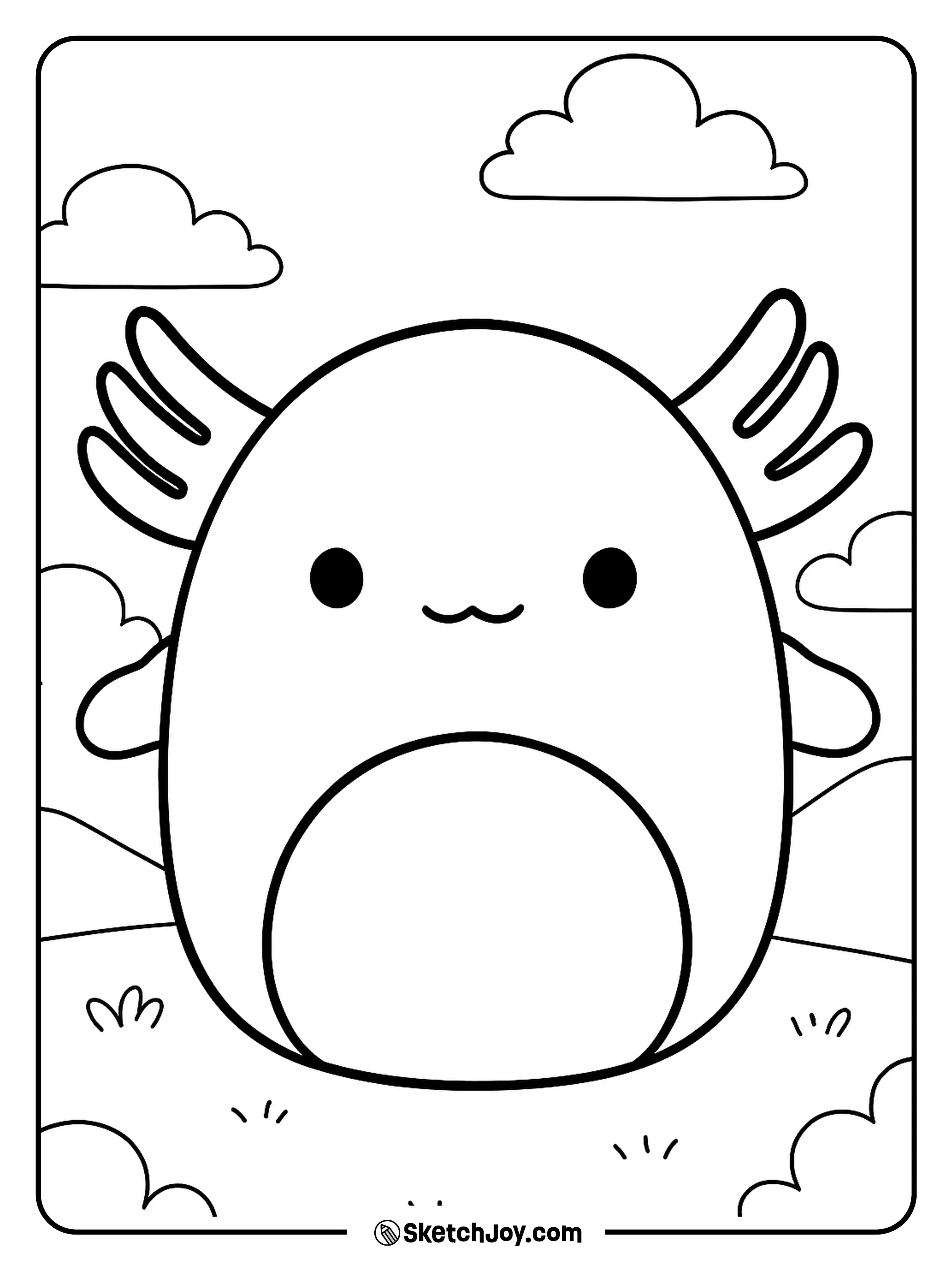 A cute Axolotl Squishmallow enjoying a calm day in the hills under fluffy clouds.